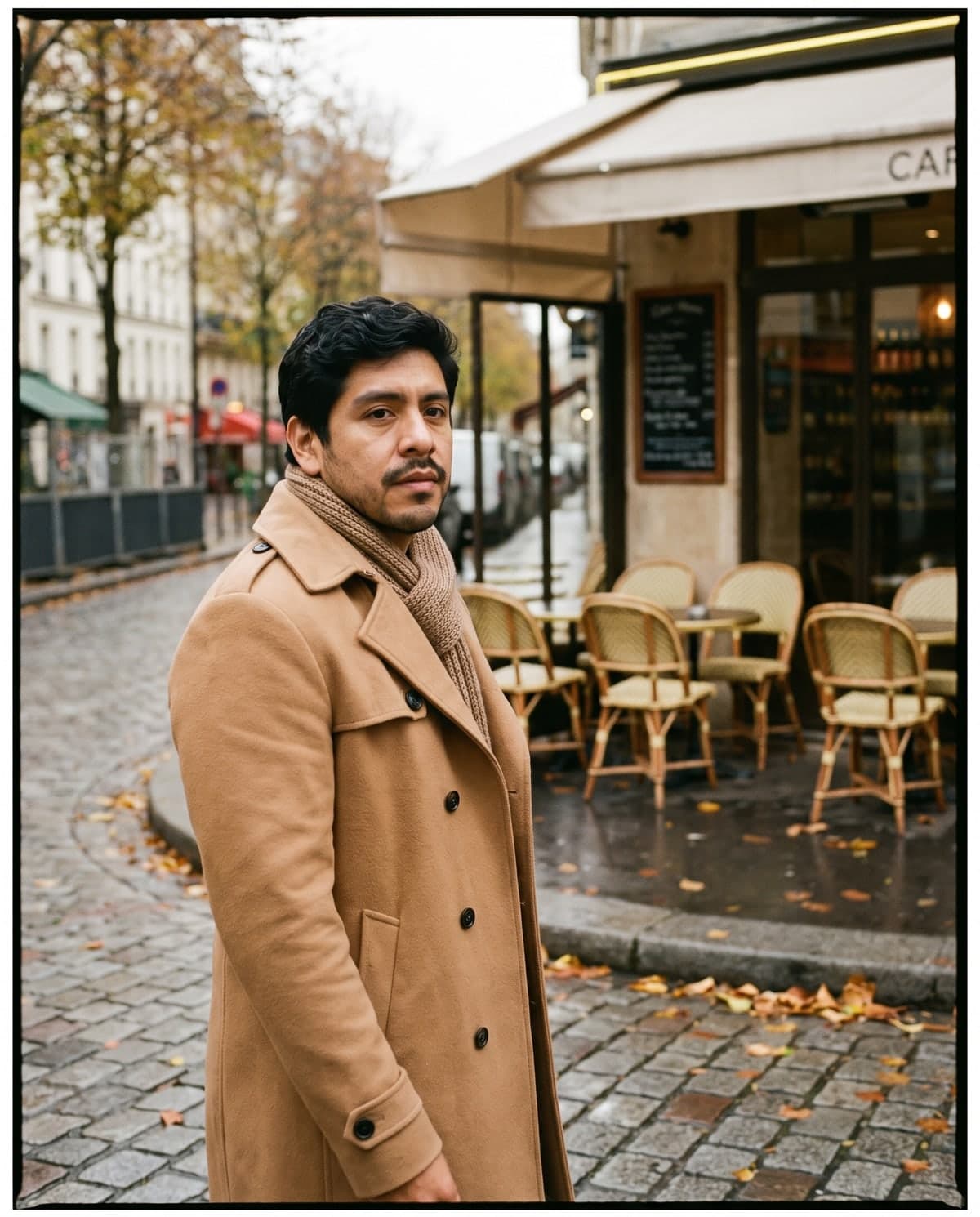 AI 35mm film photo of a man in a trench coat walking past a Paris café
