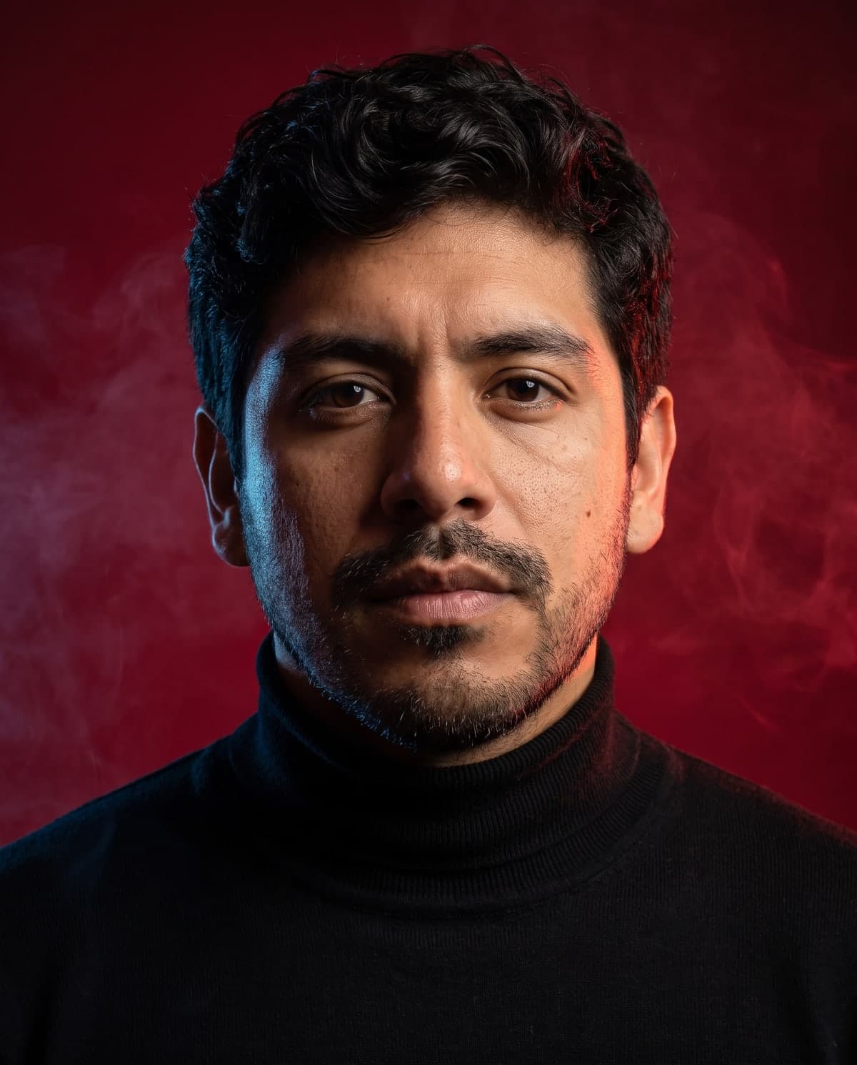 AI studio portrait of a man in a black turtleneck against a red background with smoke