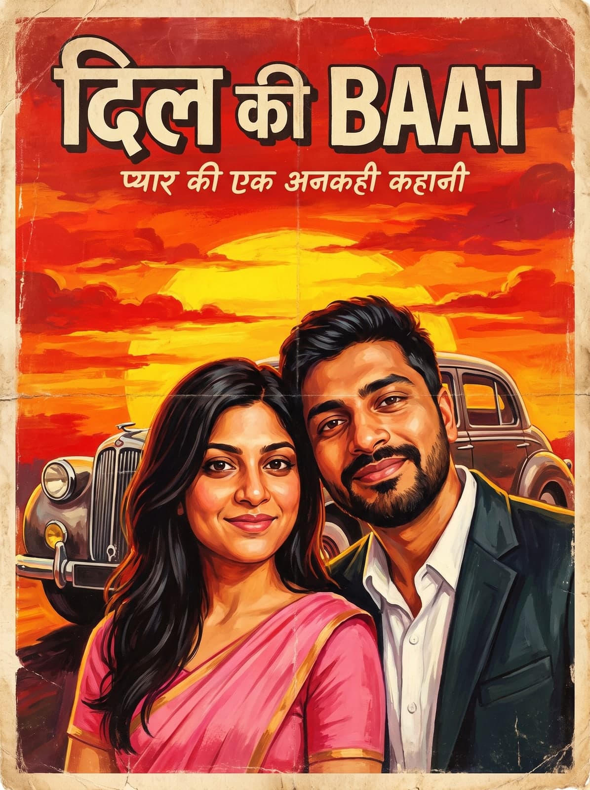 AI hand-painted retro Indian film poster starring a couple in front of a sunset