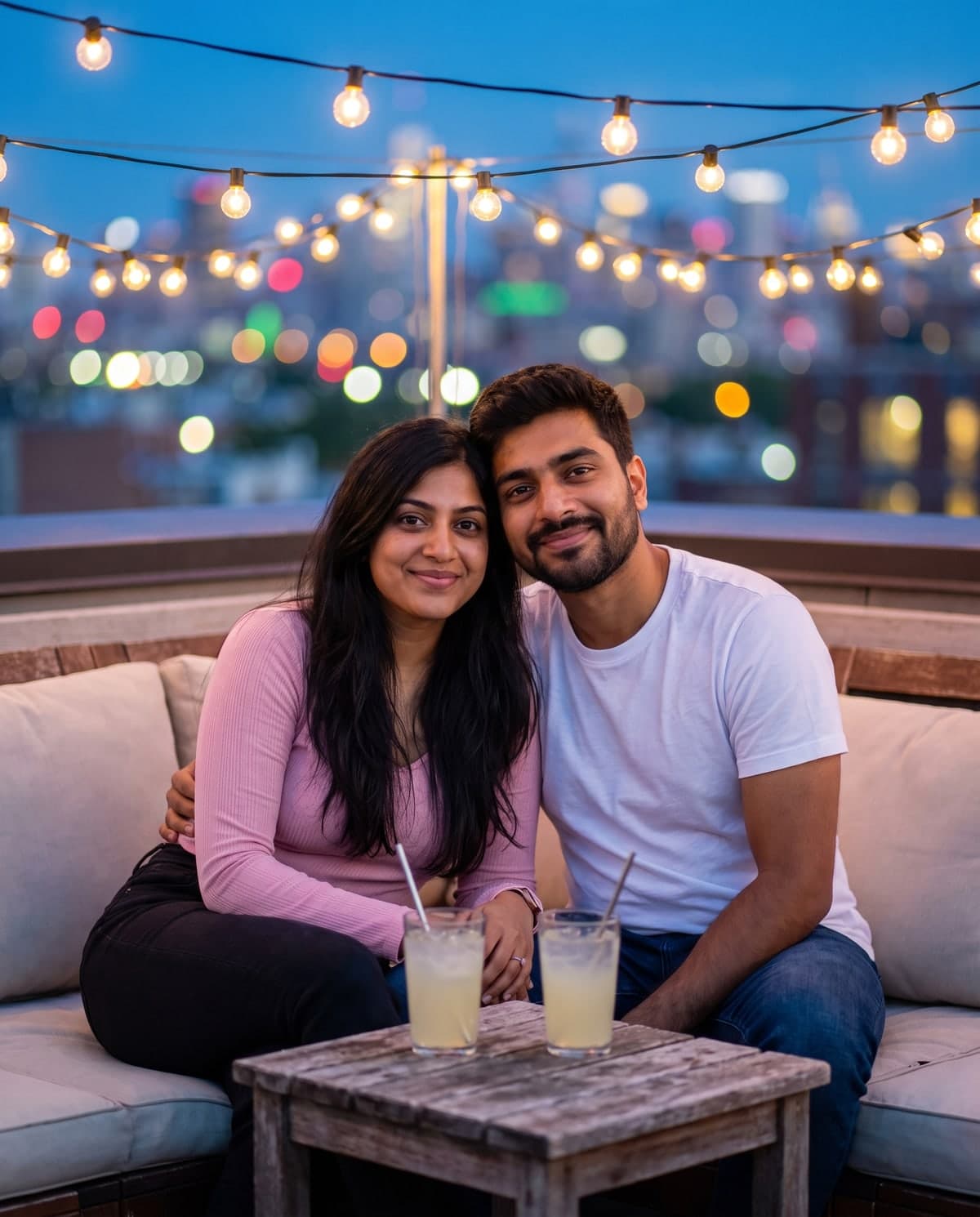 AI couple photo of two people on a rooftop terrace under fairy lights at blue hour