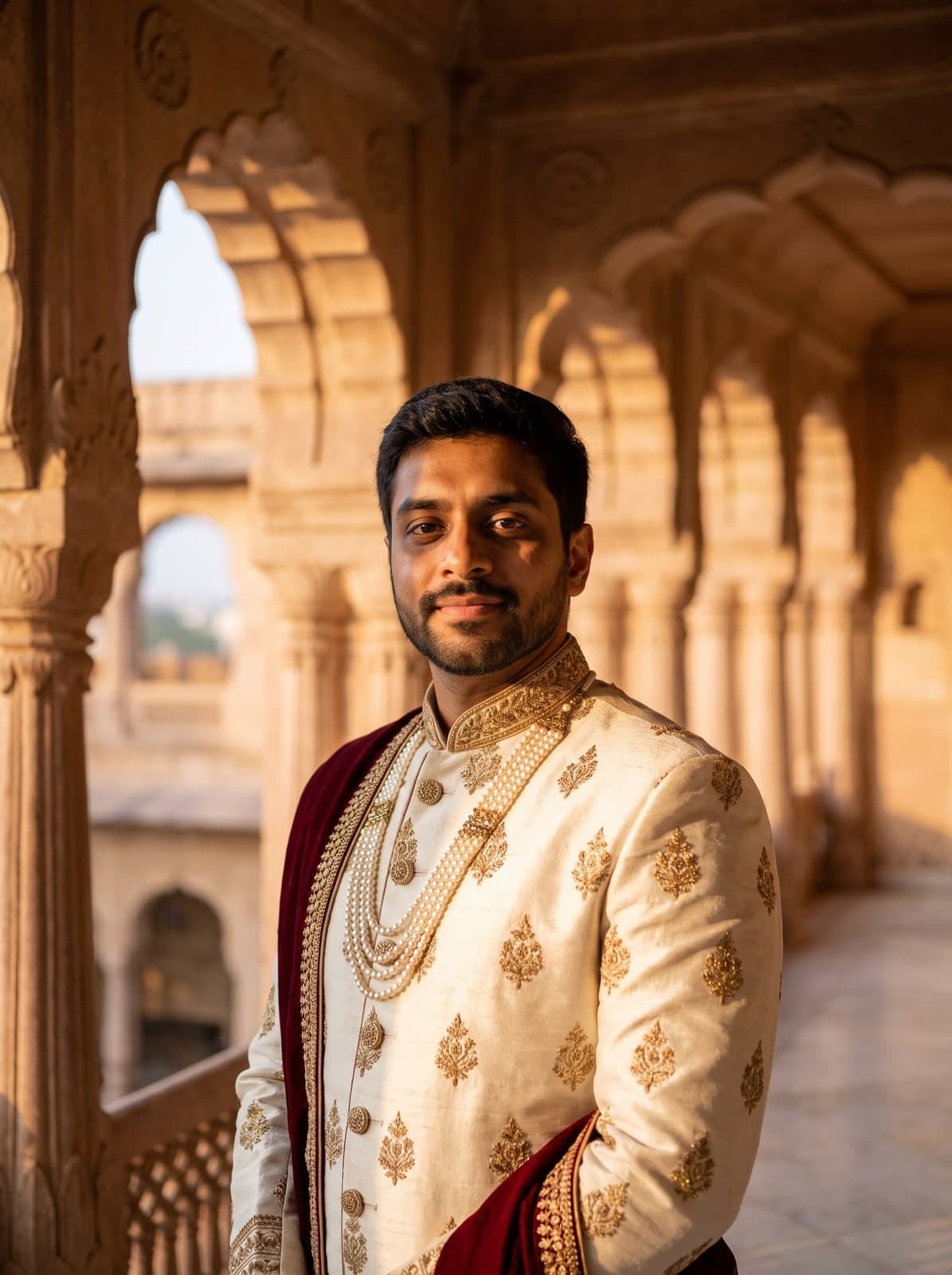 AI royal portrait of a man in an embroidered ivory sherwani in a palace corridor