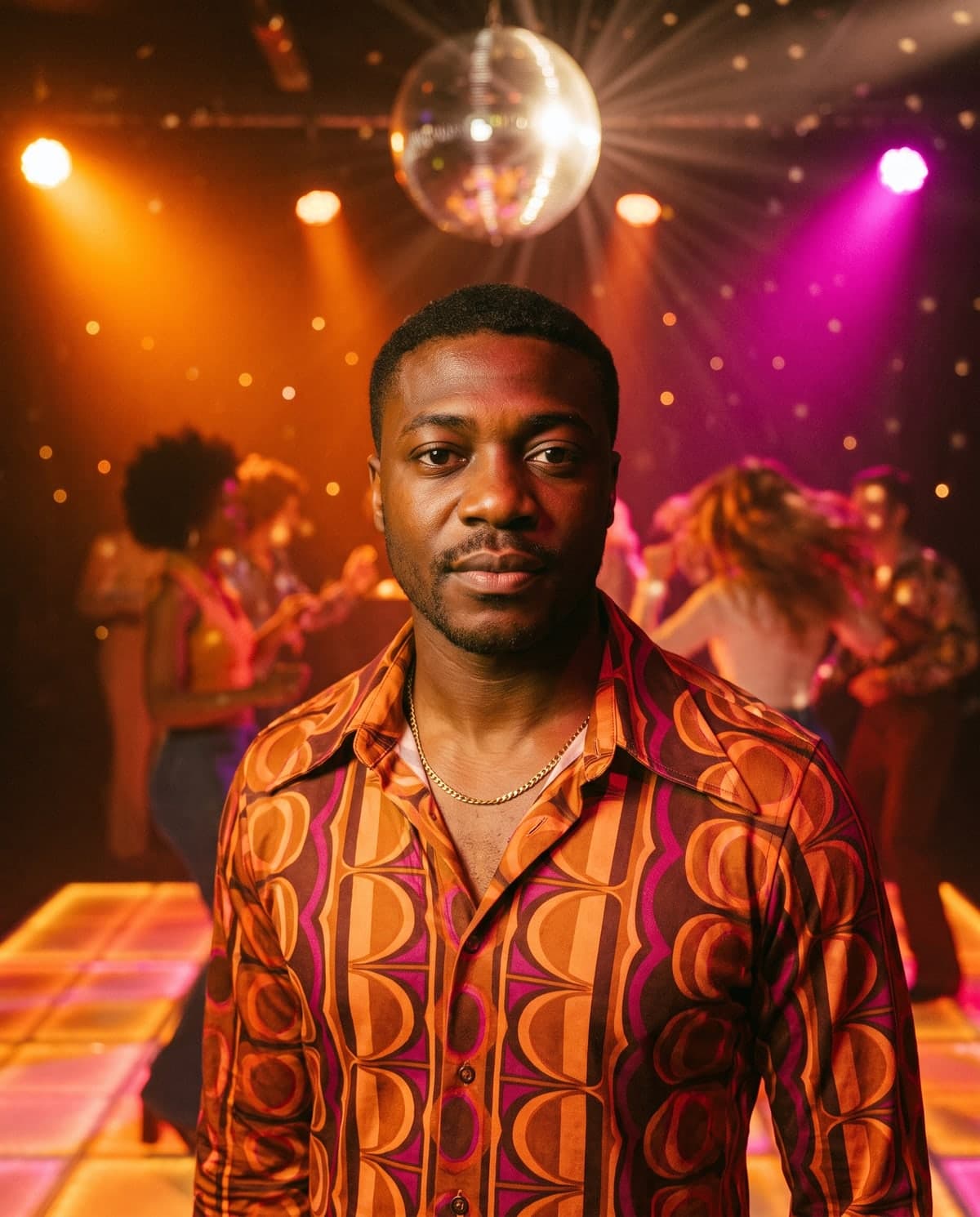 AI 1970s disco portrait of a man in a wide-collar shirt under a mirror ball