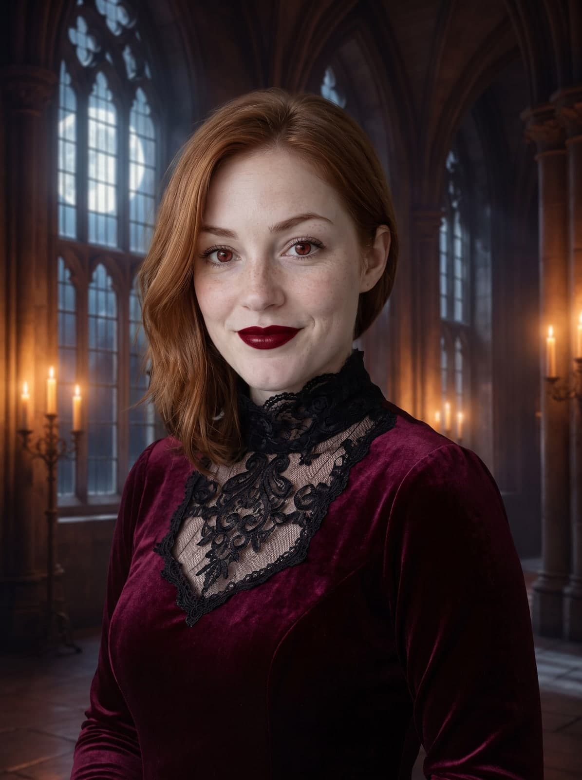 AI gothic vampire Halloween portrait of a woman in burgundy velvet in a candlelit castle hall