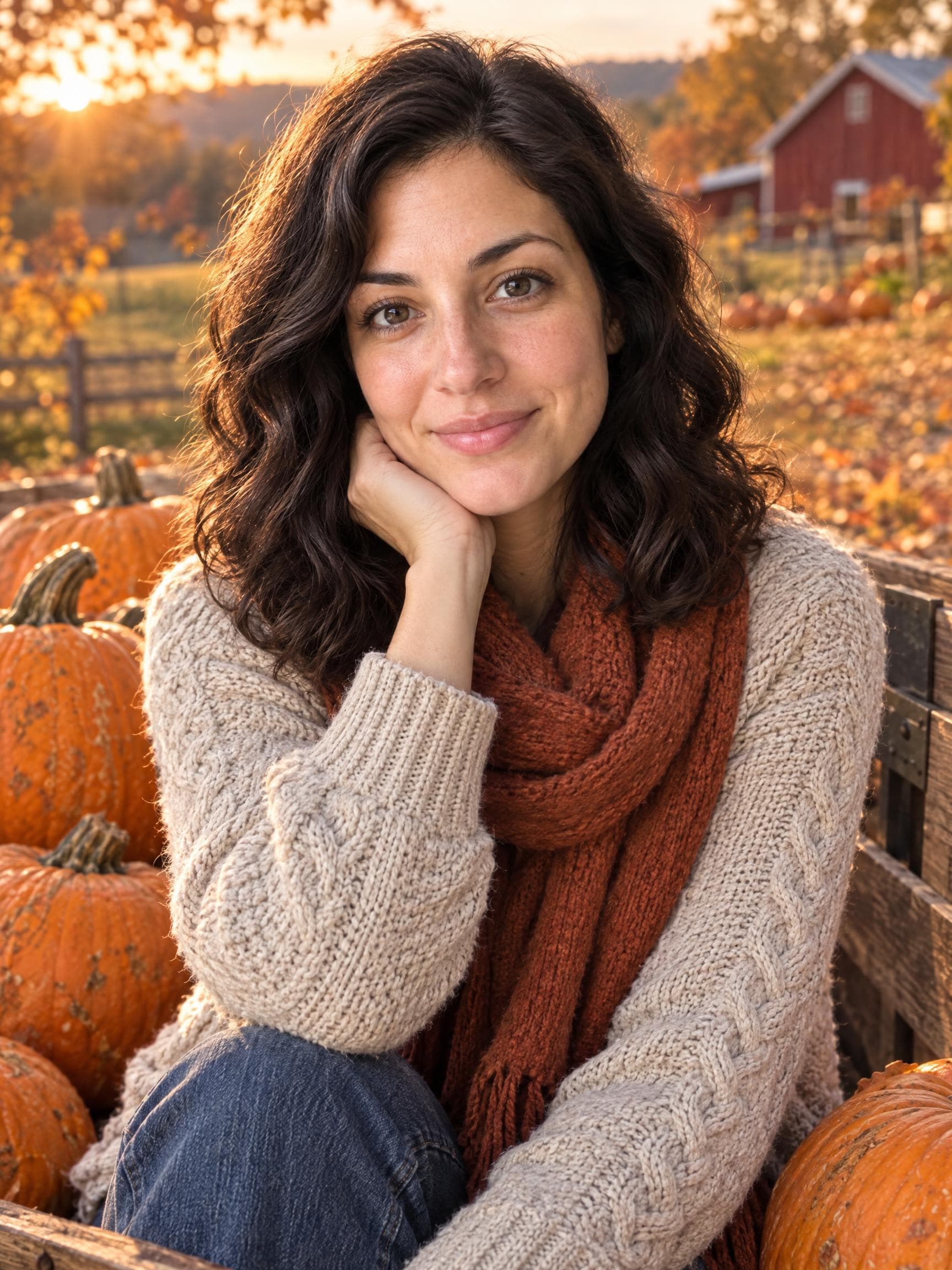 AI autumn portrait with pumpkins, warm sunlight and a cozy knit sweater