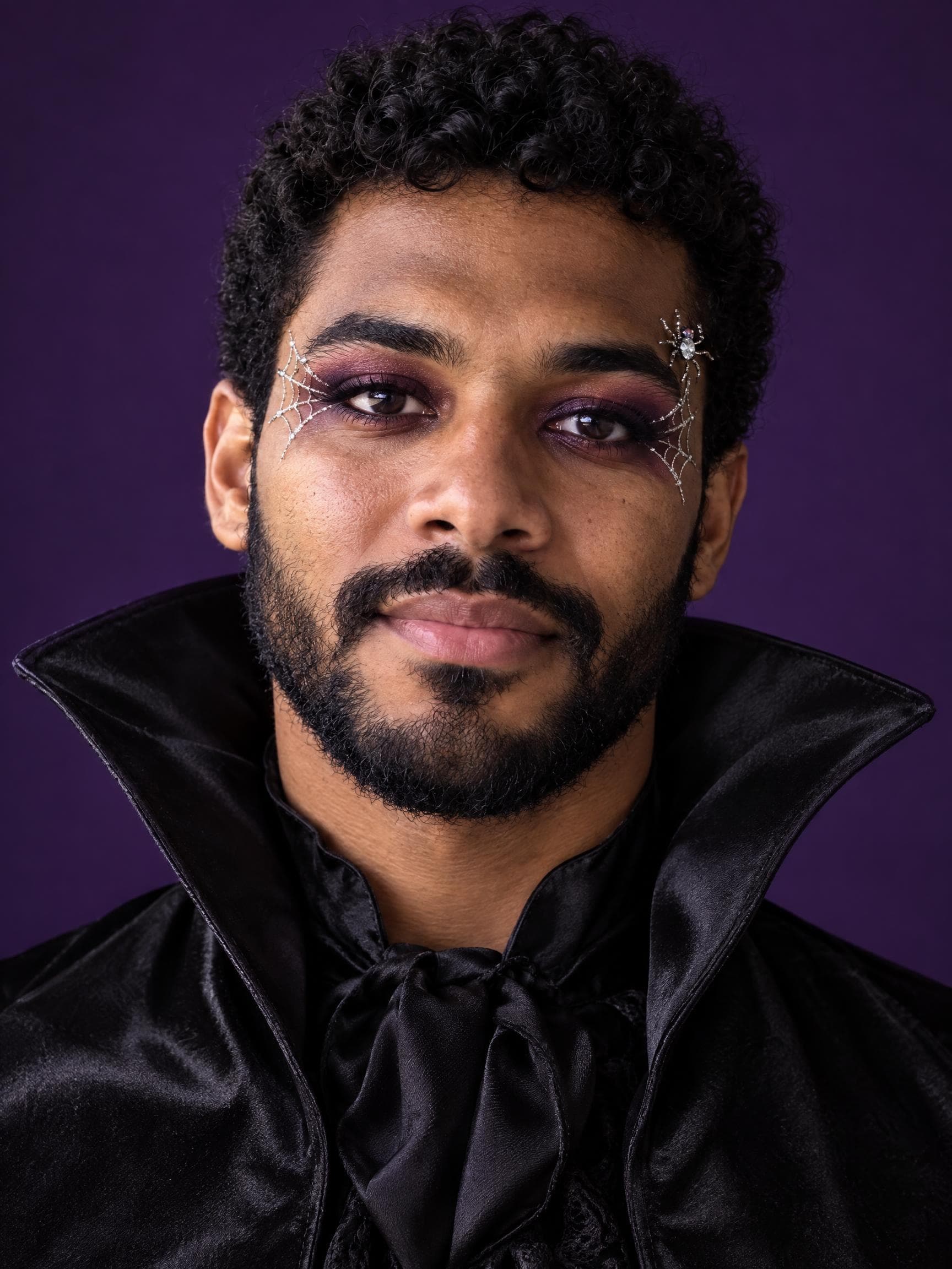 AI Halloween makeup portrait with silver spiderweb eyeliner and violet styling