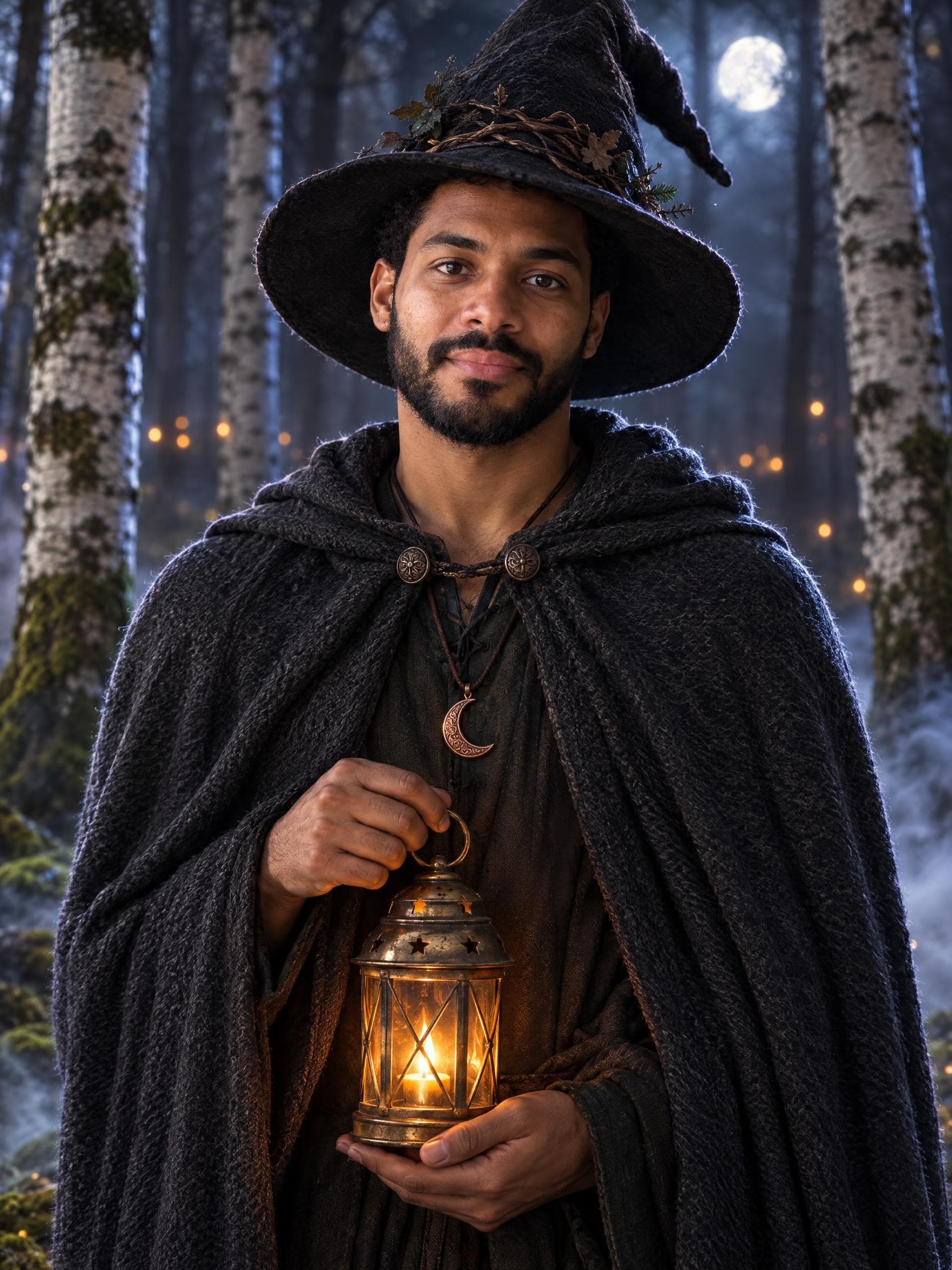 AI Halloween witch costume portrait in a misty forest with a glowing lantern