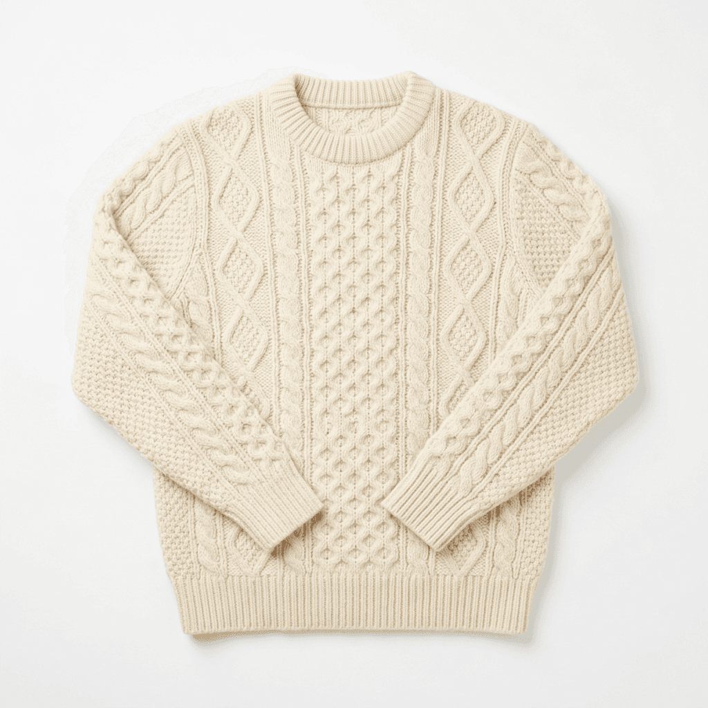 Catalog product photo of the cream cable-knit wool sweater