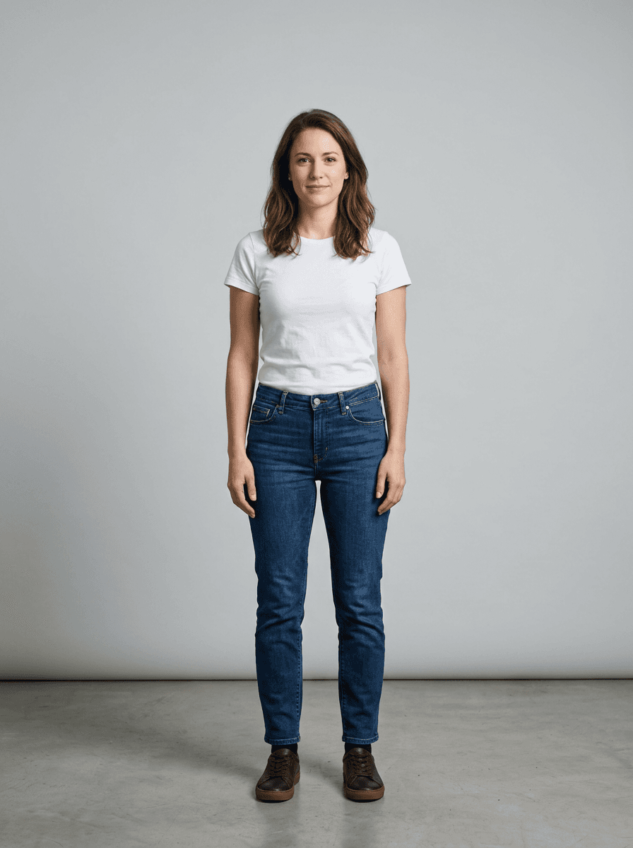Model photo used as the try-on input for the sand-beige linen button-up