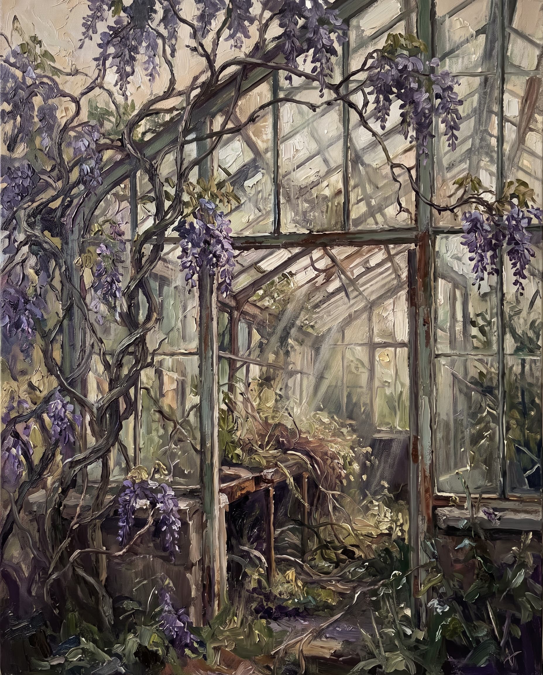 An abandoned greenhouse overgrown with wisteria in dusty light