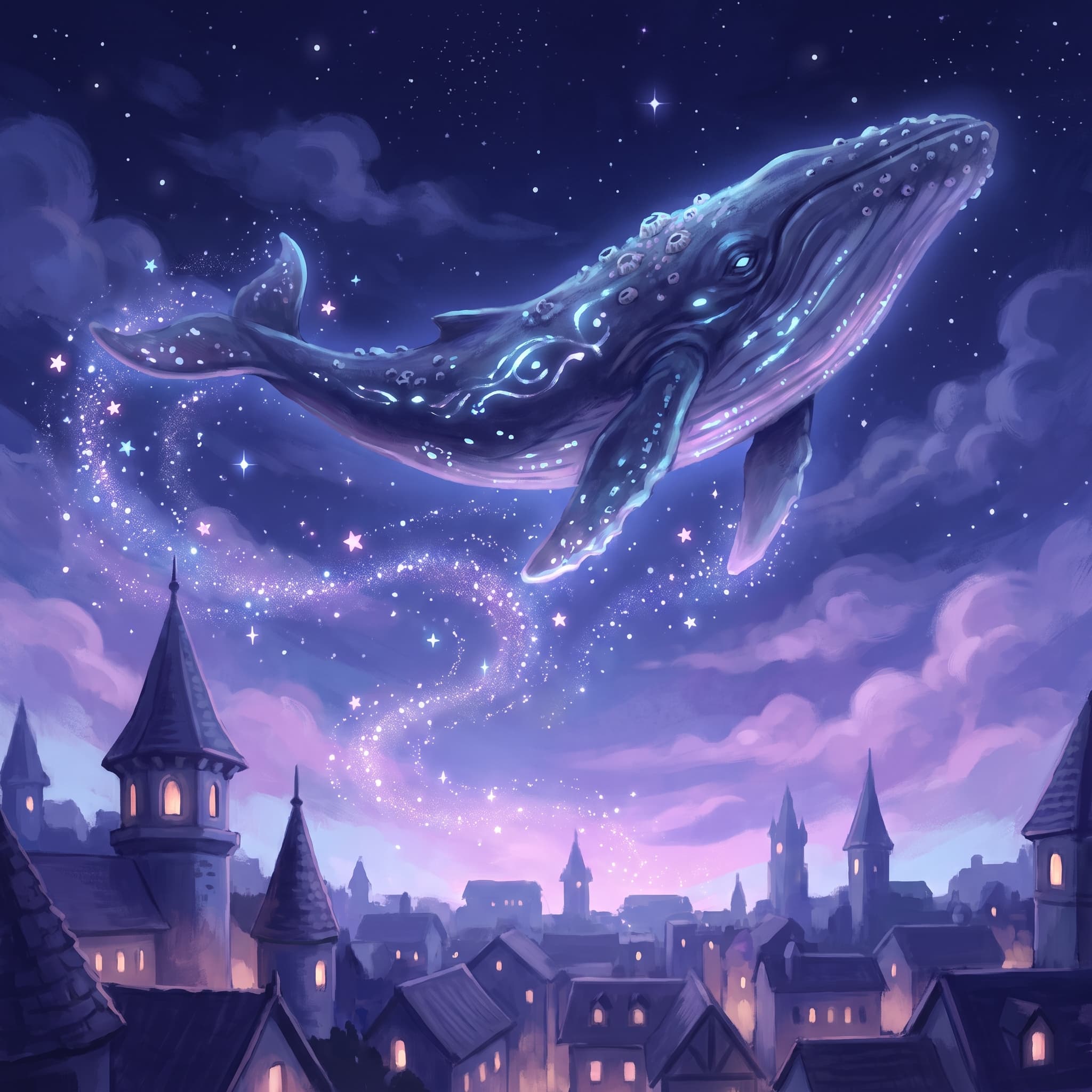 A whale drifting through the night sky above a sleeping city