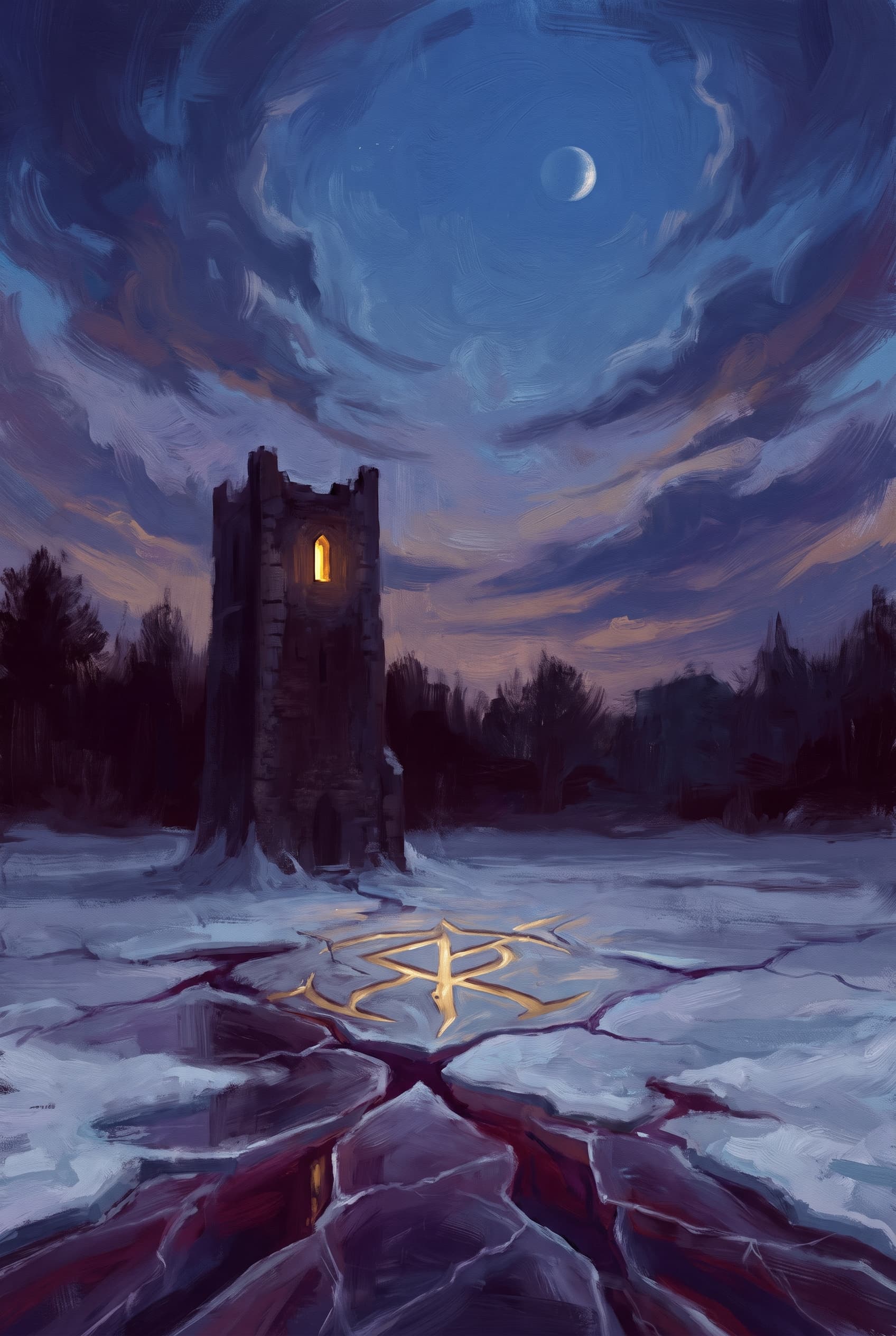 Fantasy book cover concept of a single lit tower window across a frozen lake