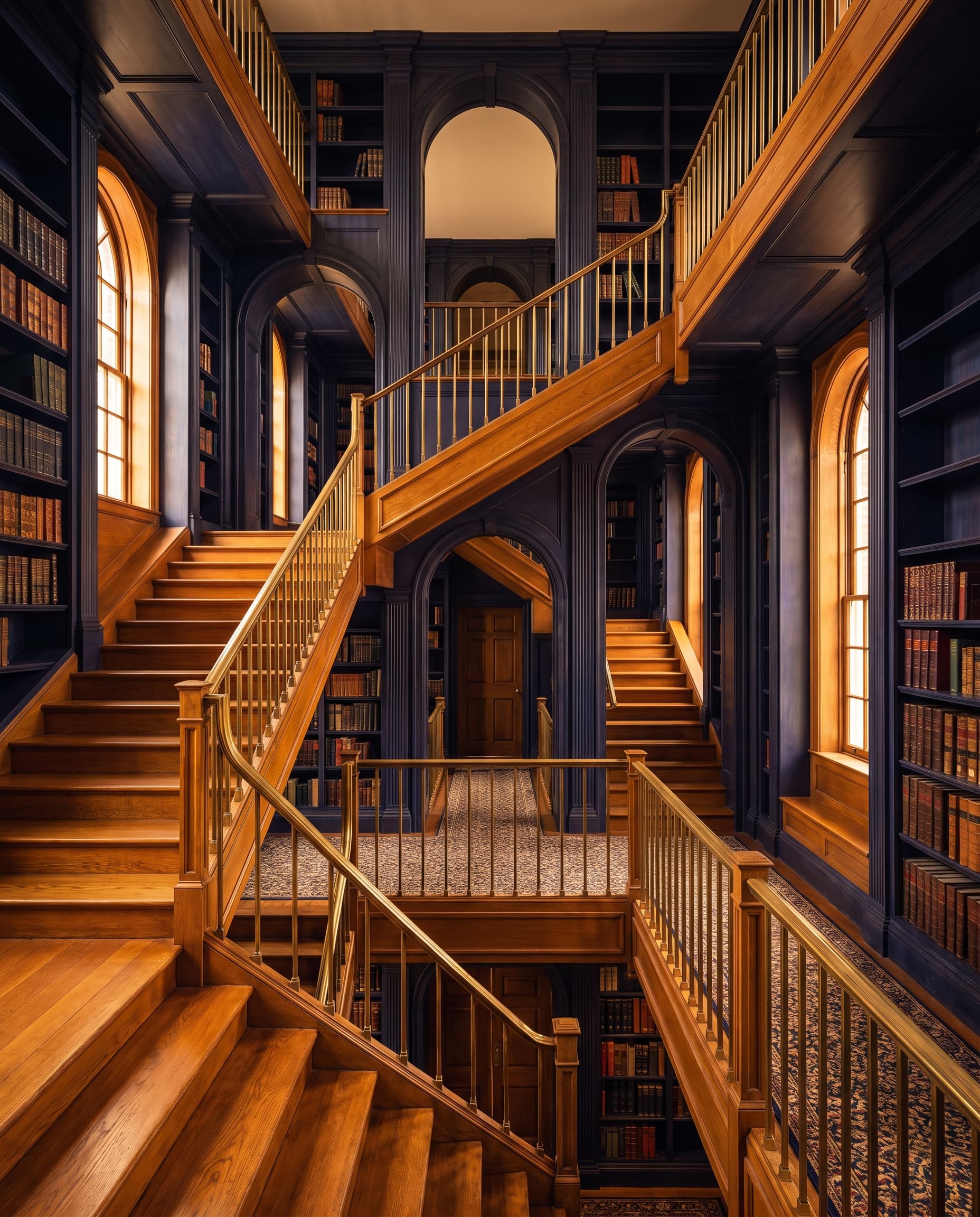 A library staircase that loops impossibly back into itself