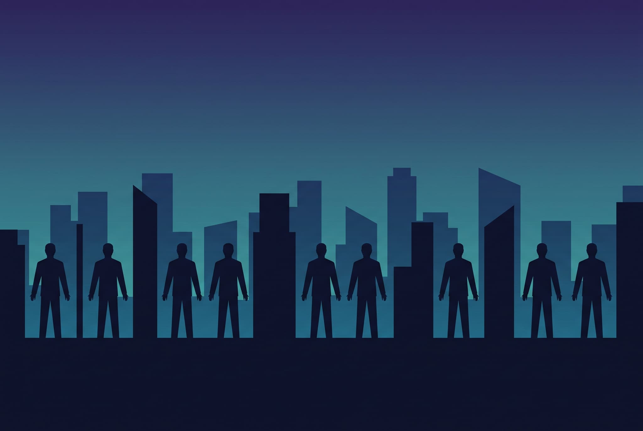 A city skyline where the gaps between buildings form standing figures