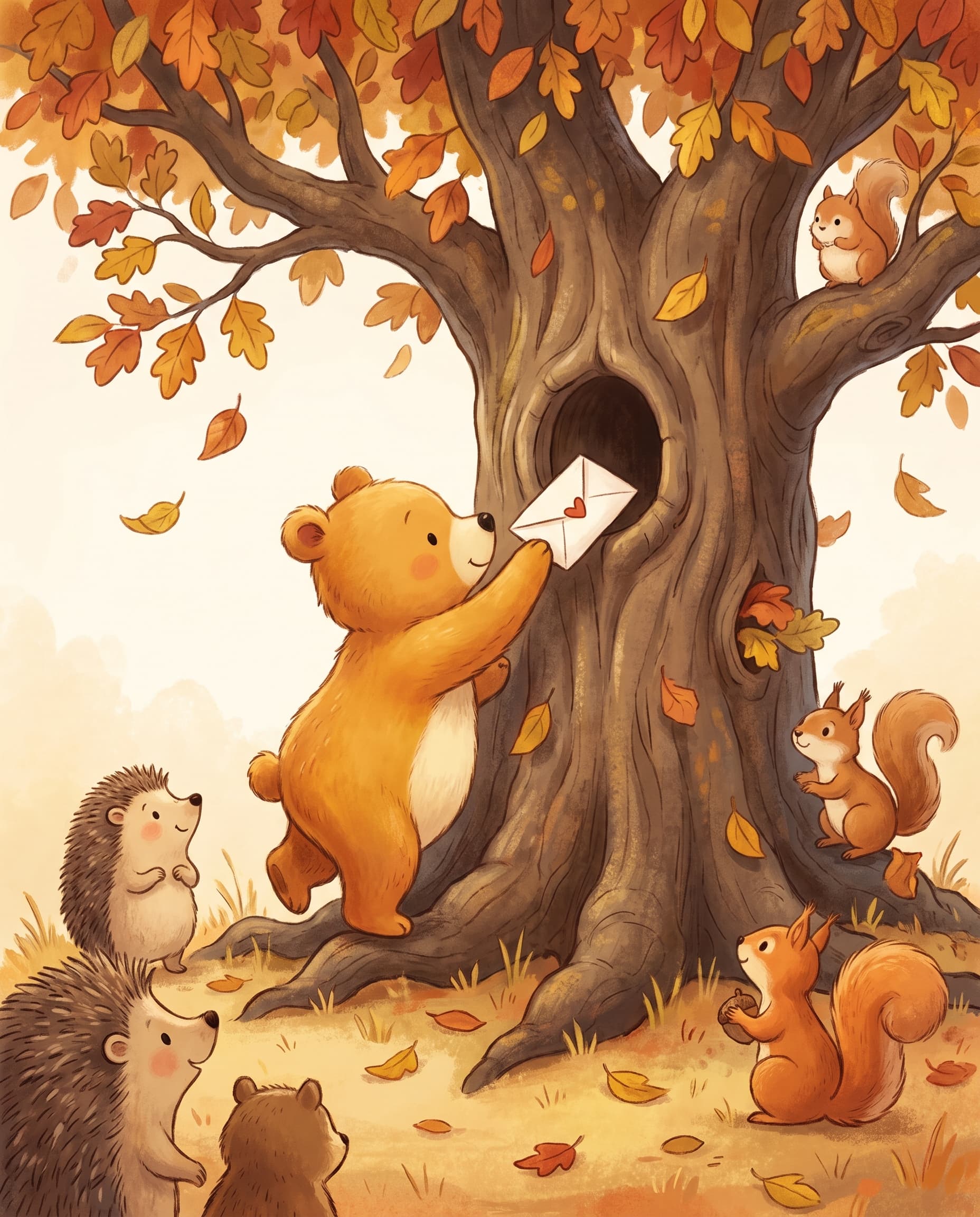 Children's book illustration of a small bear posting a letter into a hollow tree