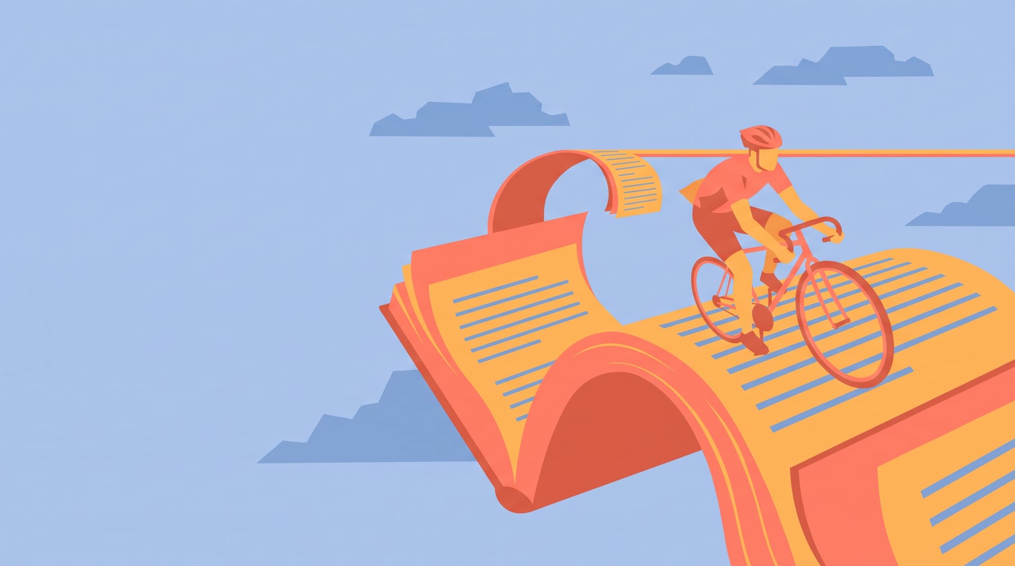 Flat vector illustration of a cyclist riding across an open book used as a road