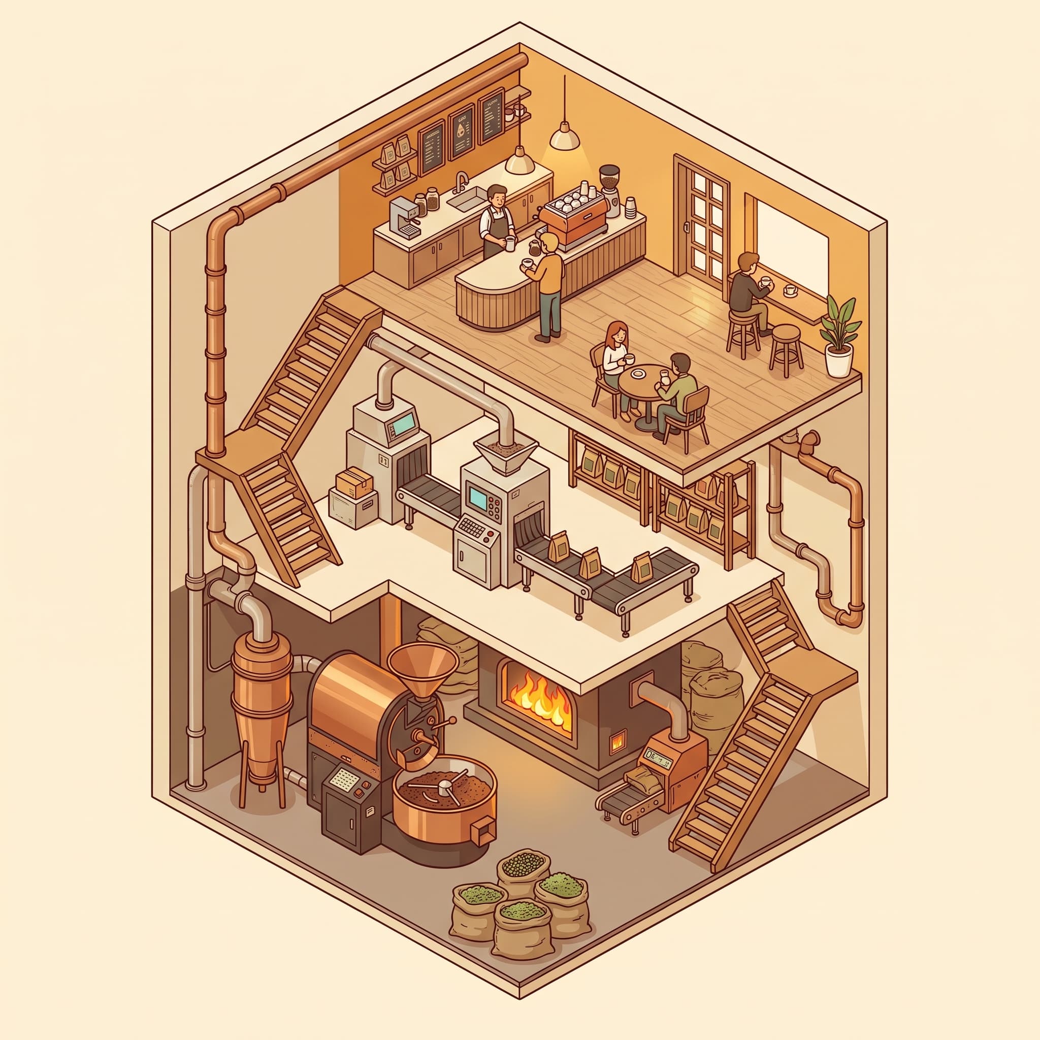 Isometric cutaway illustration of a small three-level coffee roastery