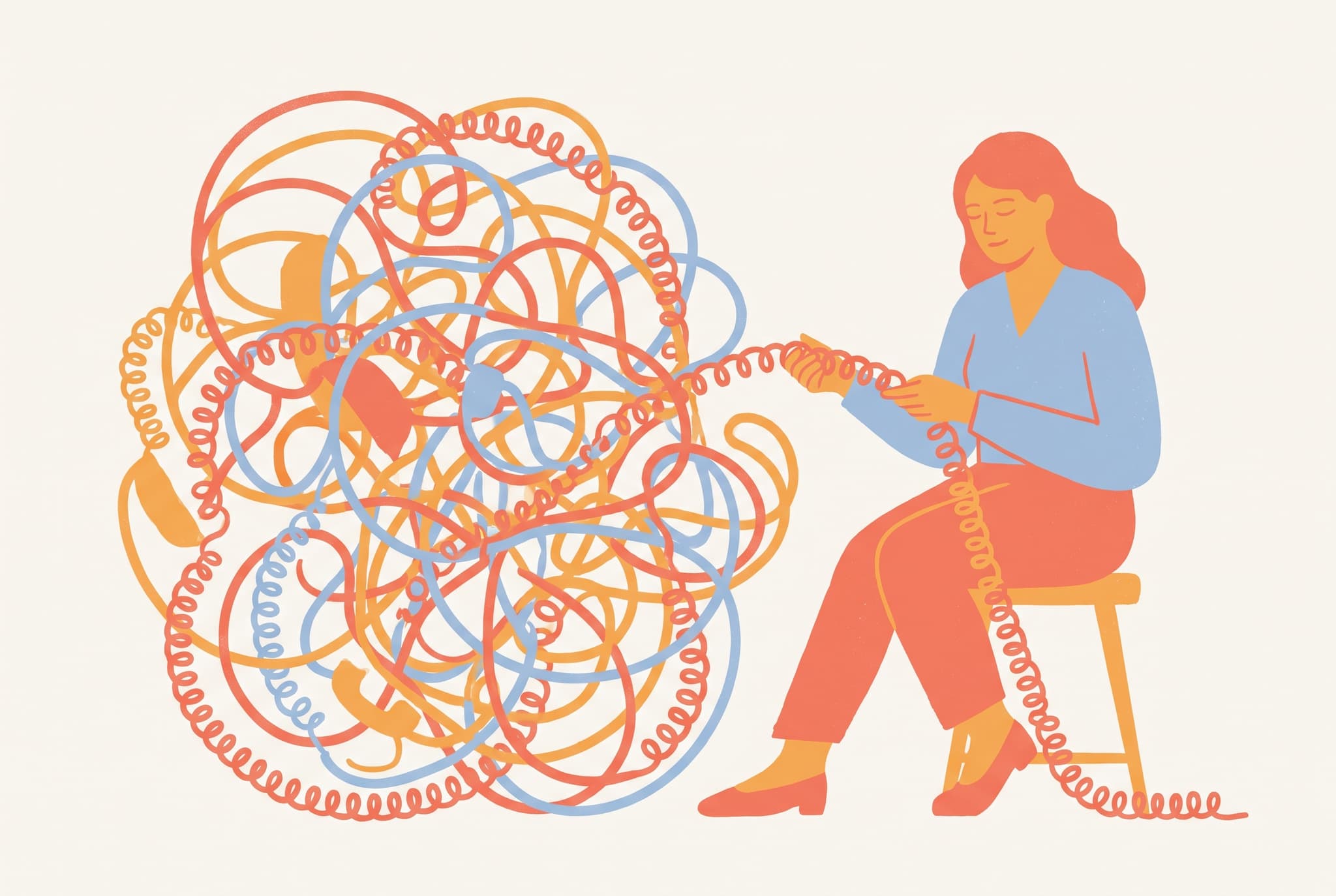 Editorial illustration of a woman untangling a huge knot of telephone cord