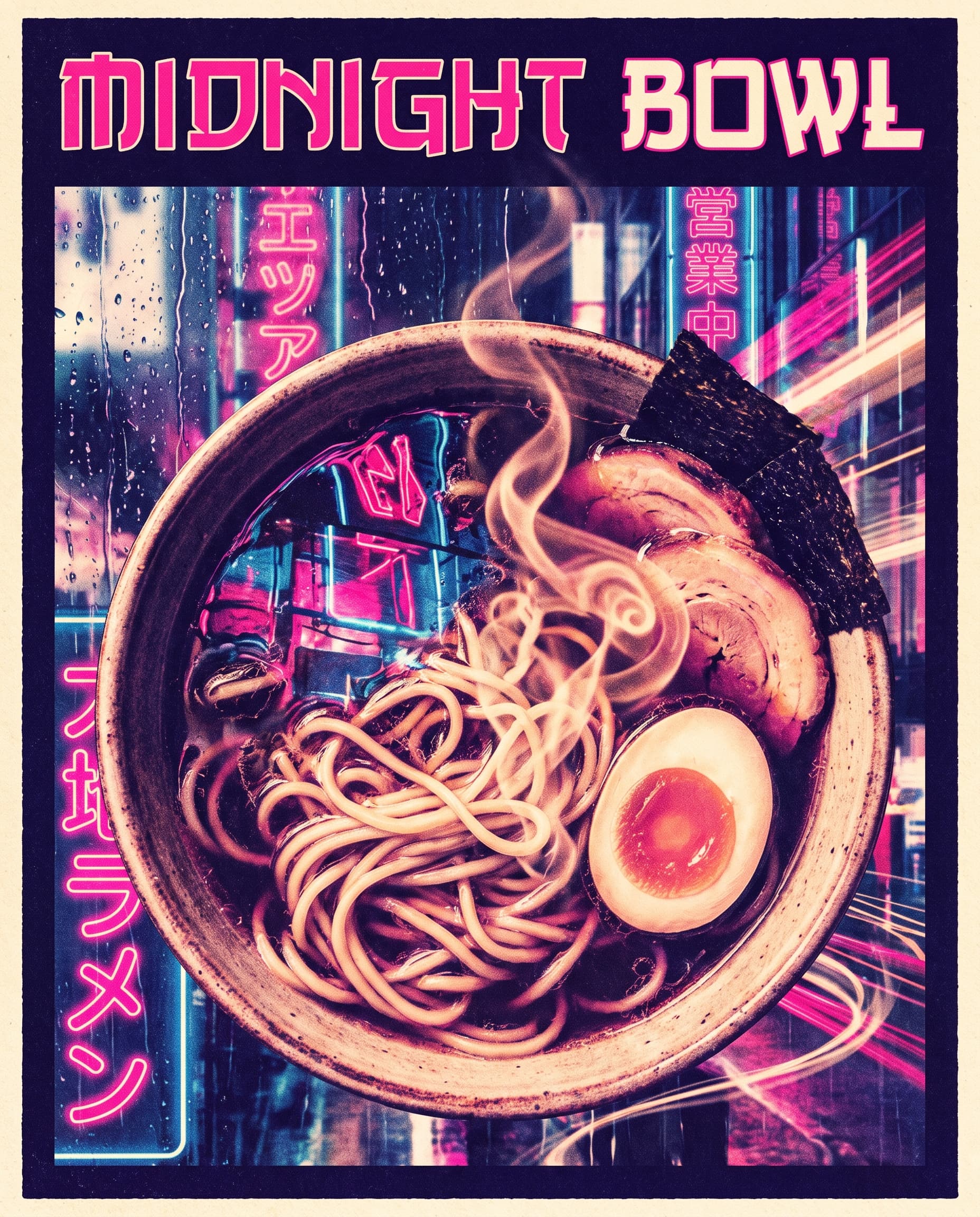 Poster for a late-night ramen bar with steam and neon reflections