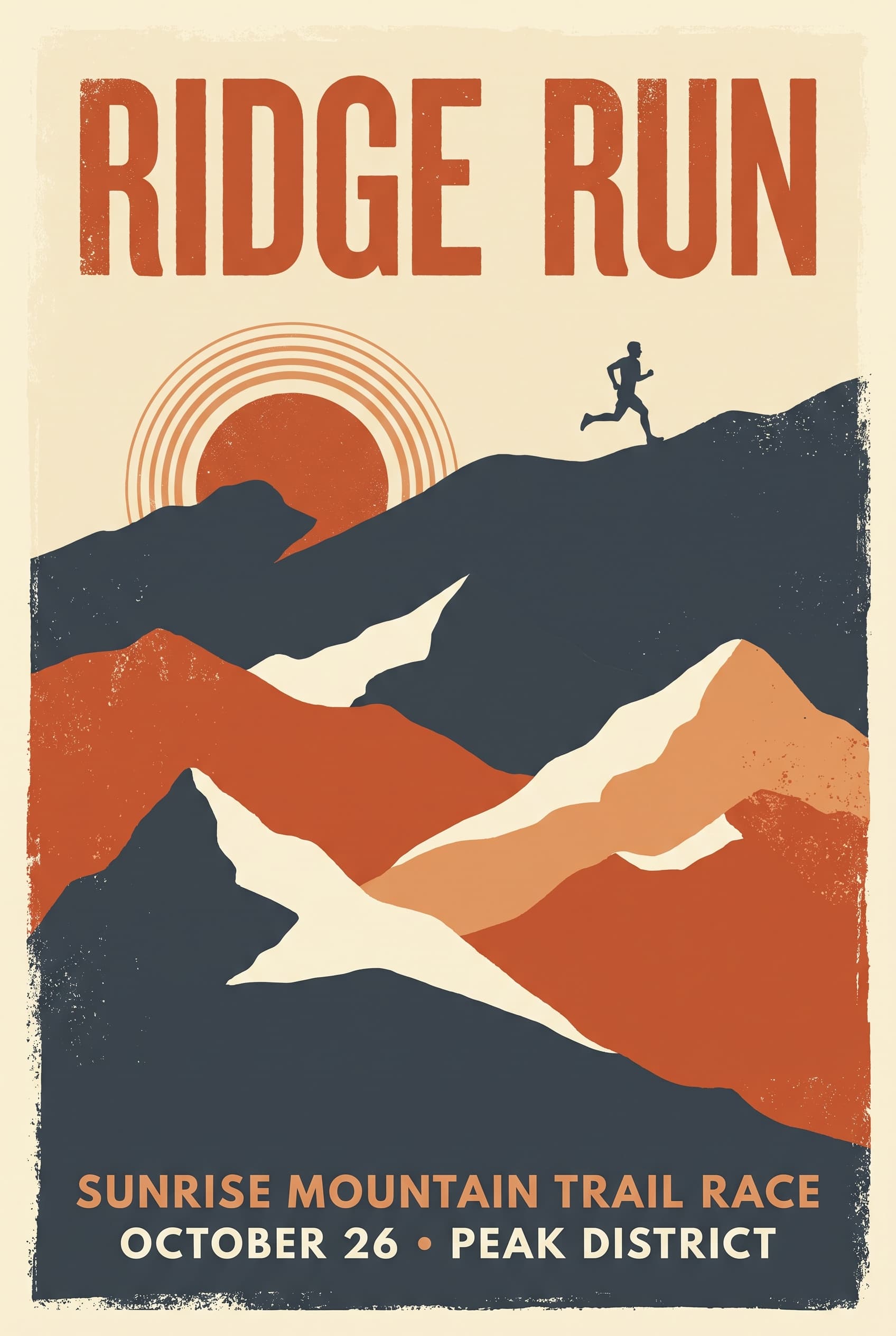 Stylised flat-illustration poster for a sunrise mountain trail race