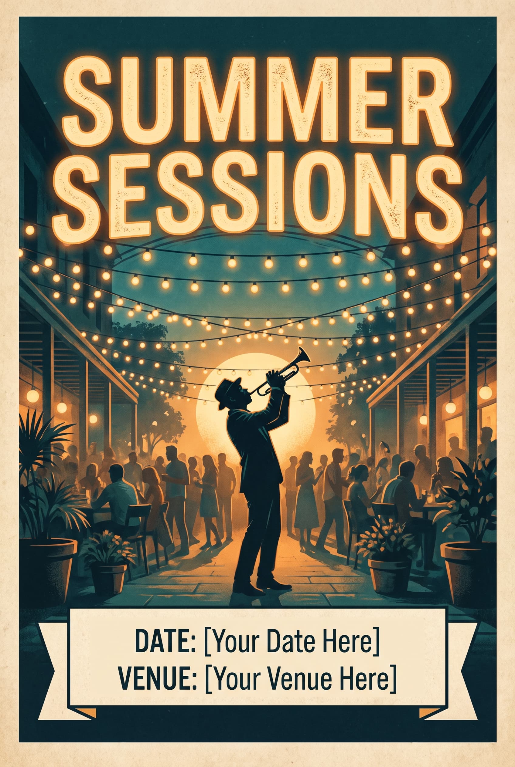 Event poster for an open-air jazz night with warm string lights and a trumpet silhouette