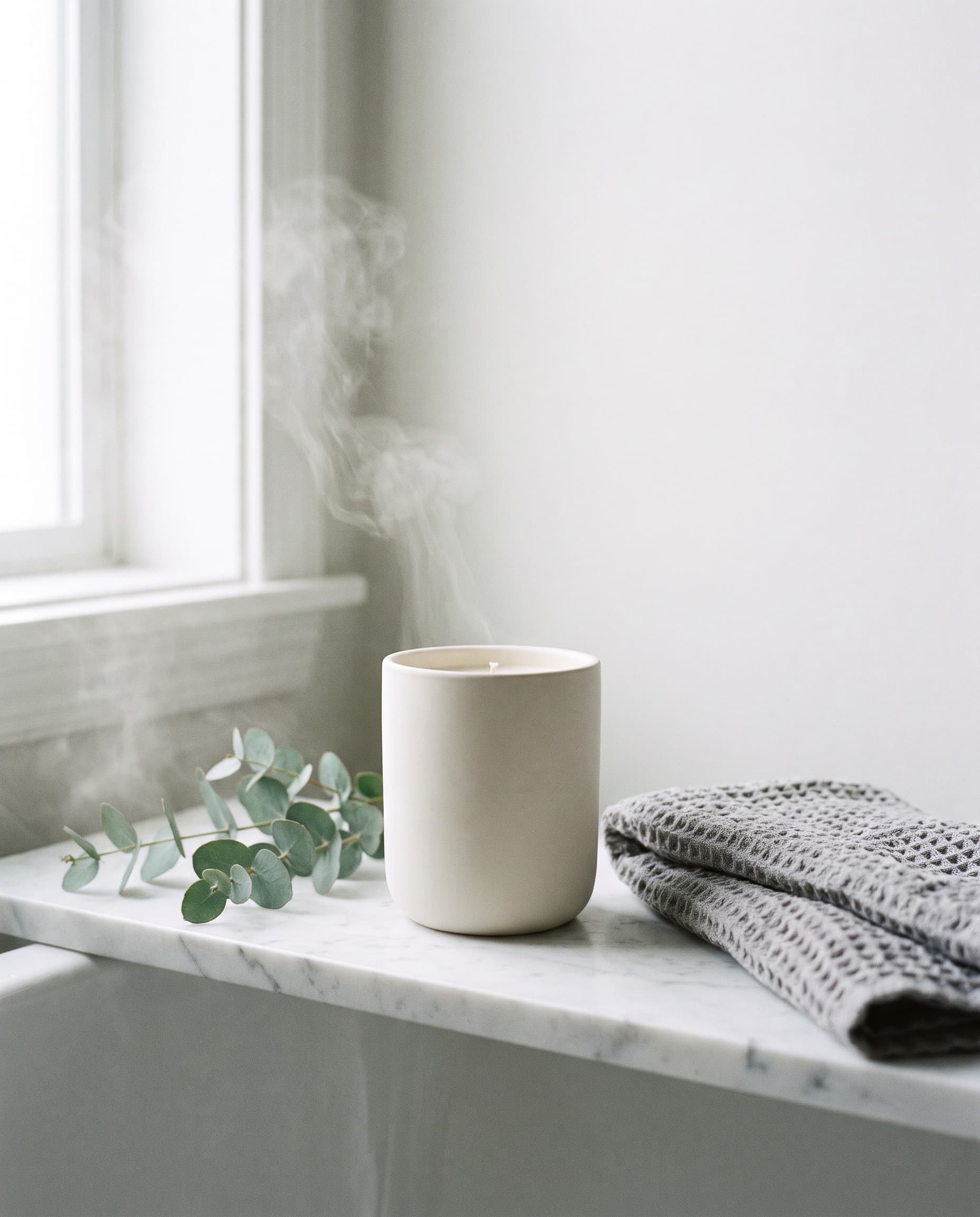 Unbranded ceramic candle on a honed marble bathroom shelf with eucalyptus and soft steam