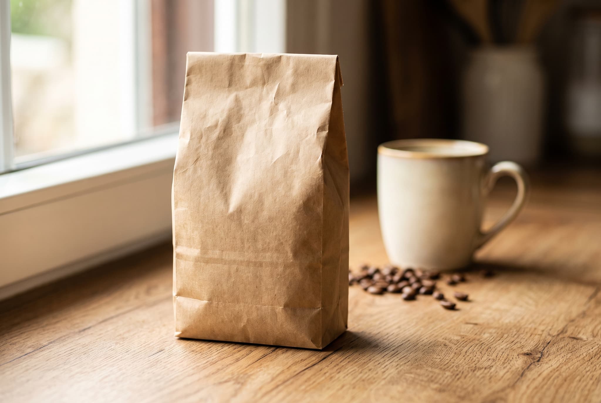 Unbranded kraft coffee bag on an oak kitchen counter with a cup and beans in soft daylight
