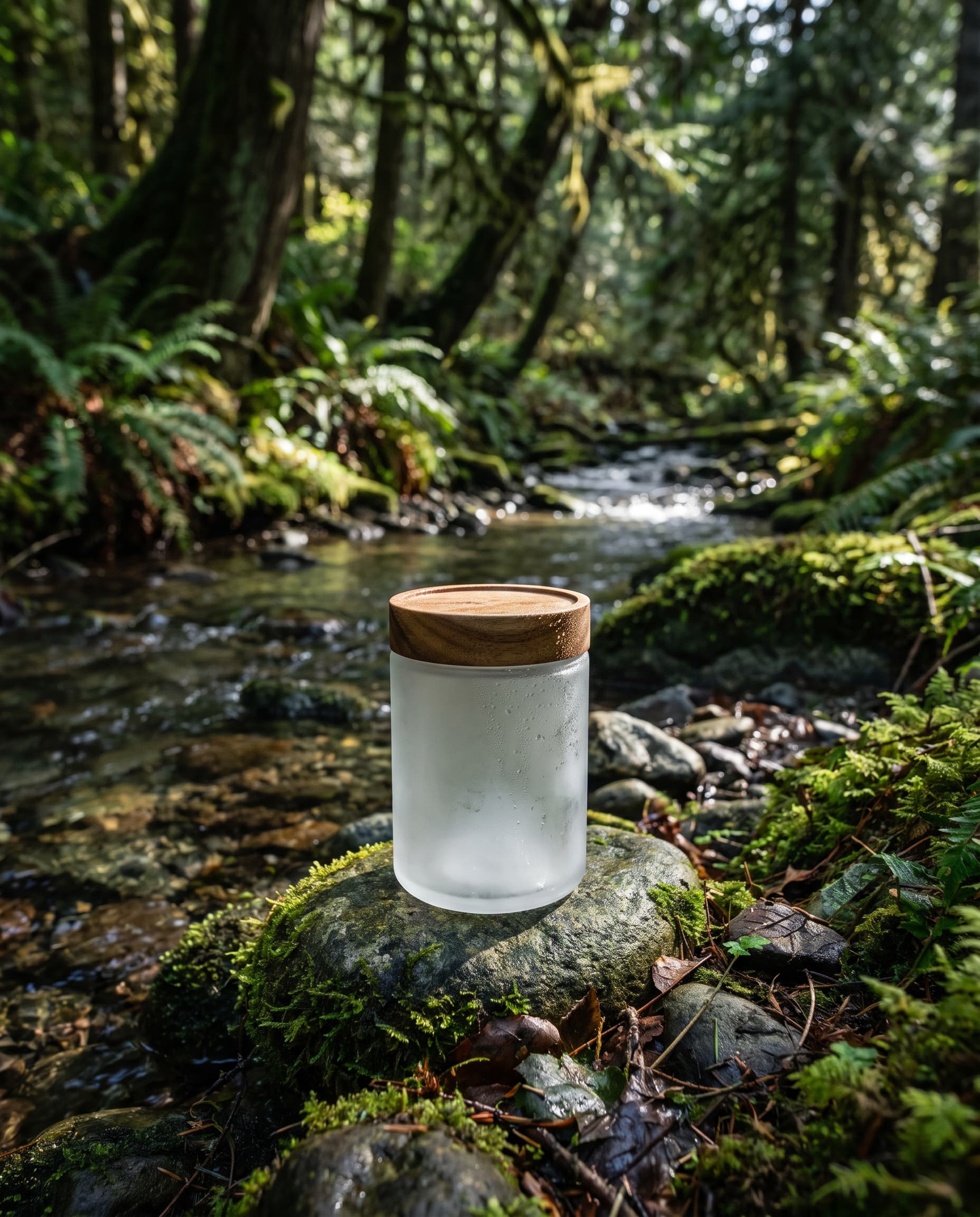 Unbranded glass jar on a mossy stone beside a shallow forest stream in dappled light