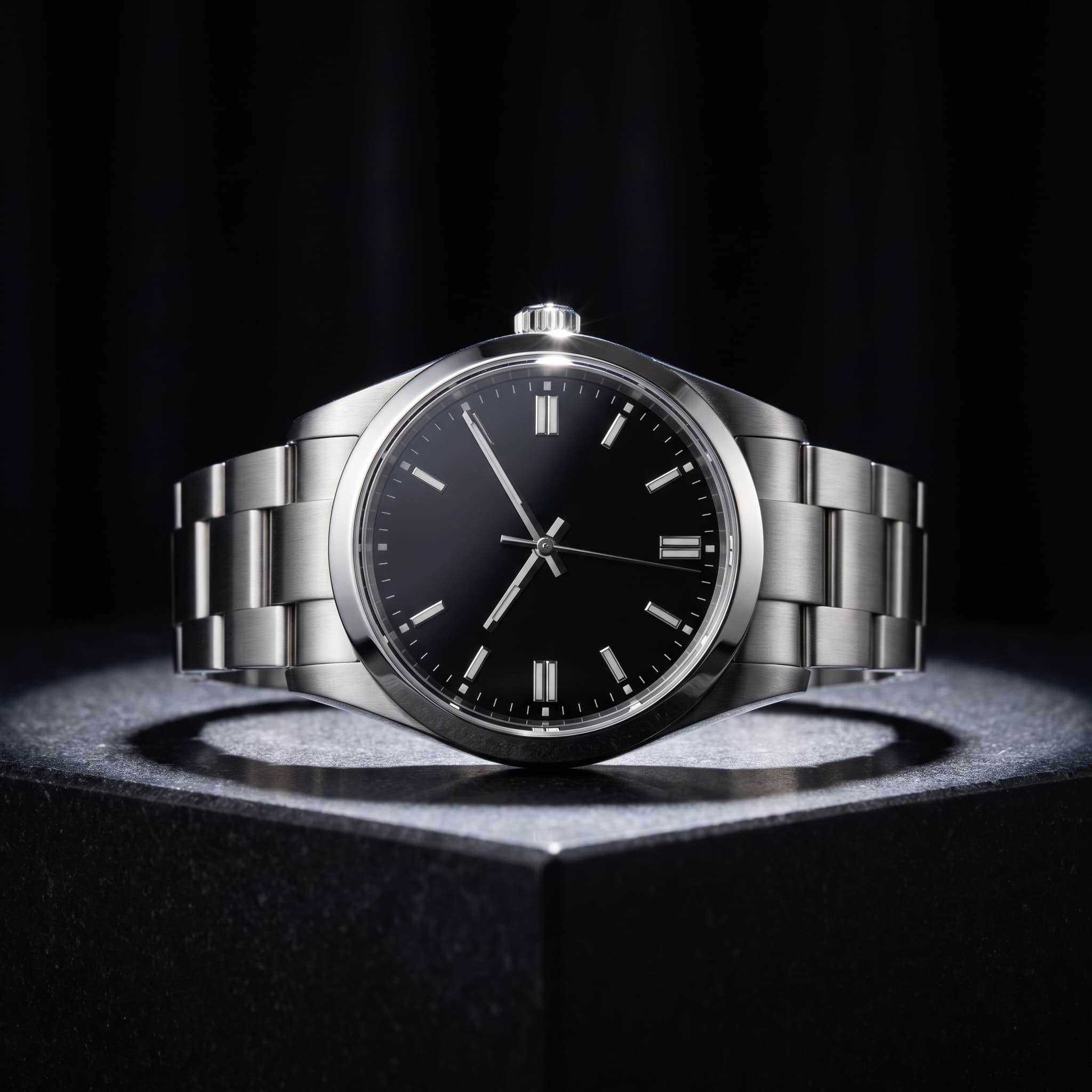 Unbranded steel wristwatch on a polished dark stone plinth under a dramatic key light