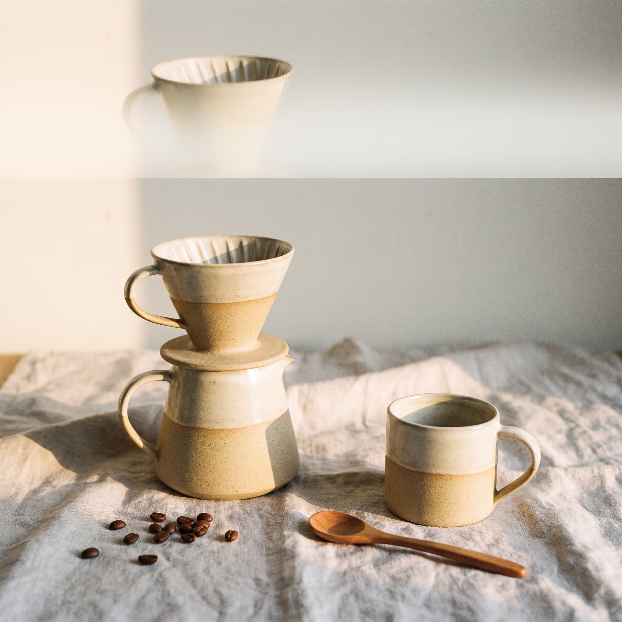 A ceramic pour-over coffee set on pale linen in soft morning light