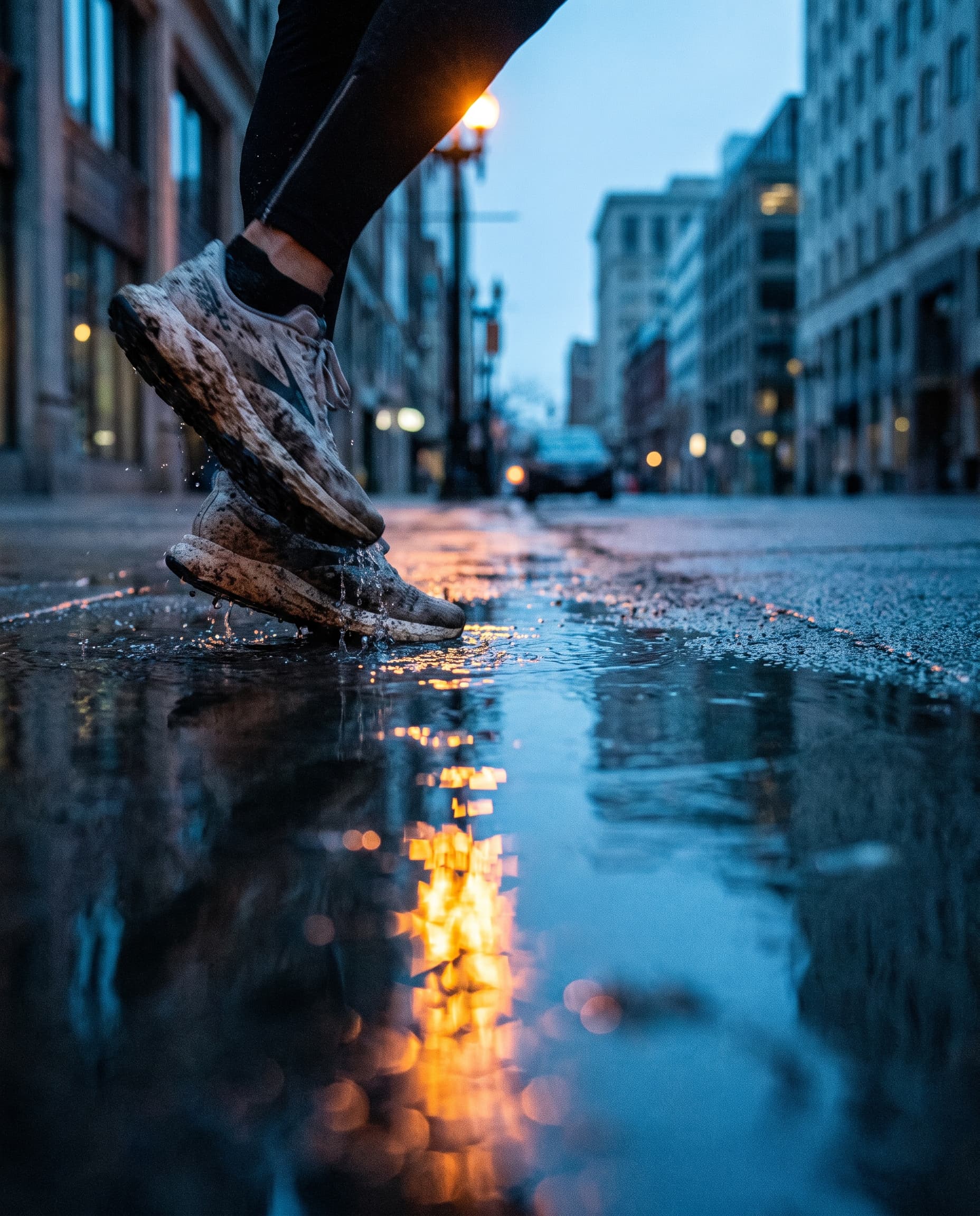 Running shoes on wet city pavement at dawn with cool blue light
