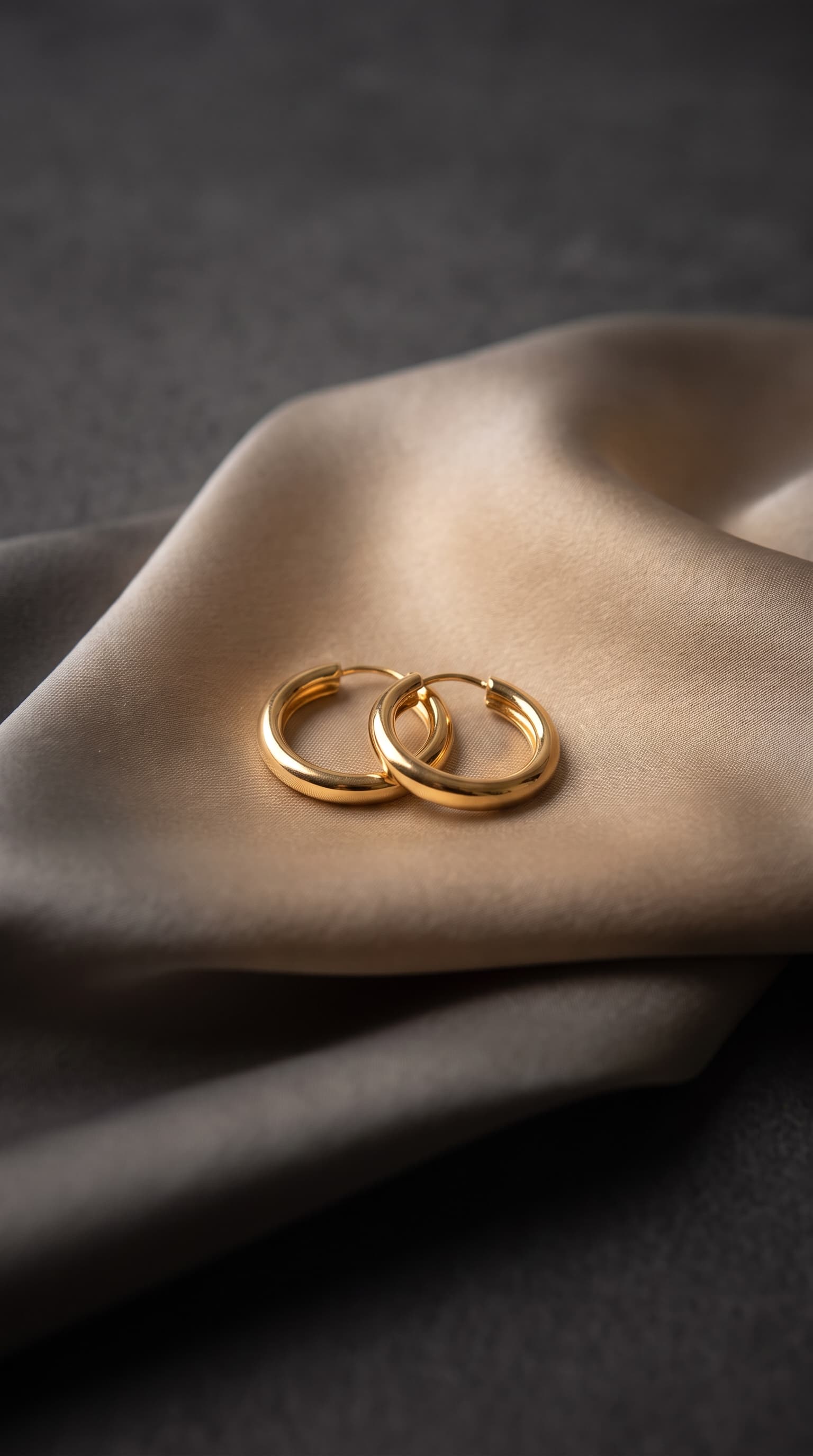 Gold hoop earrings resting on folded silk in soft overhead light