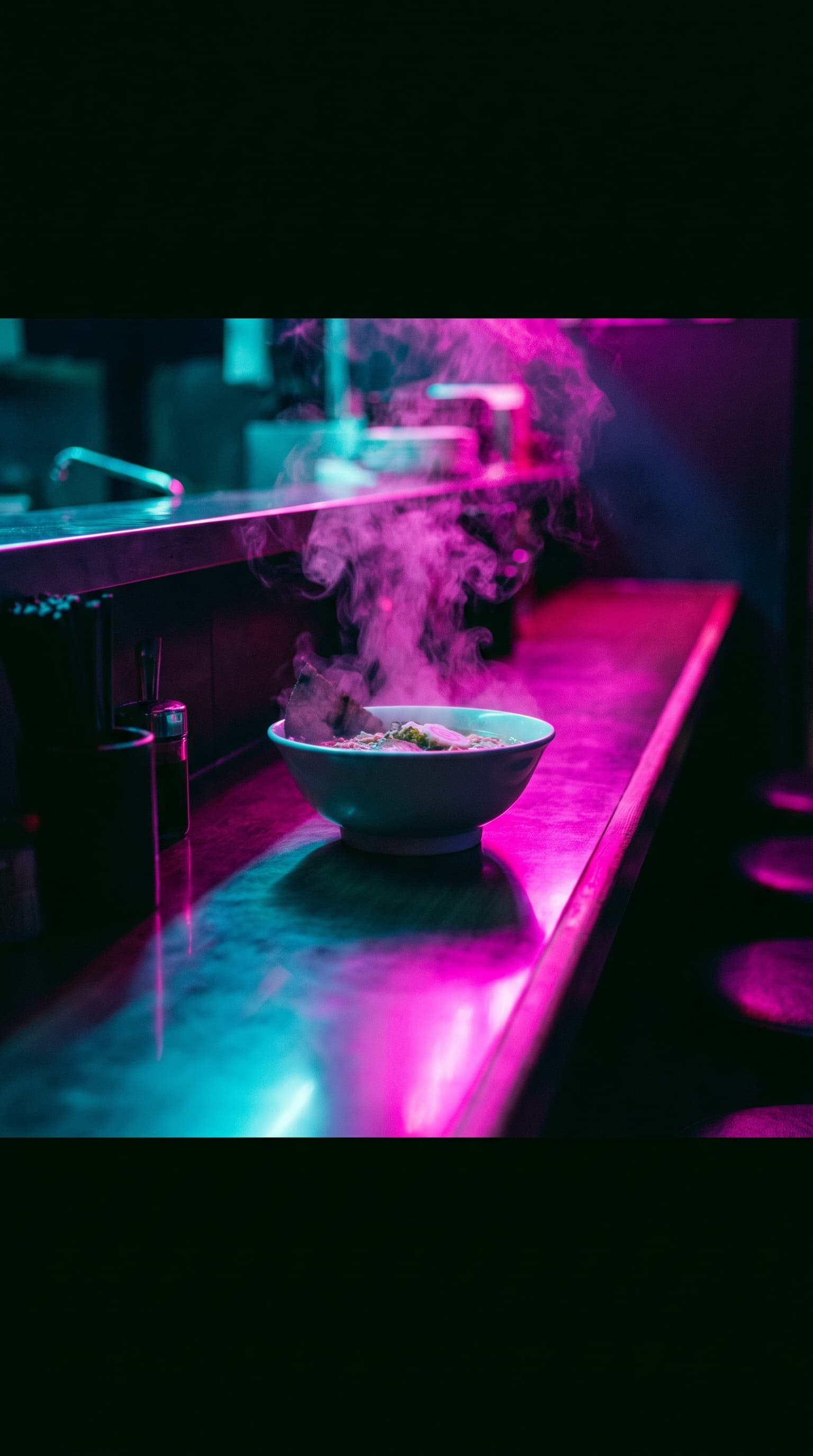 A neon-lit ramen counter at night with steam rising