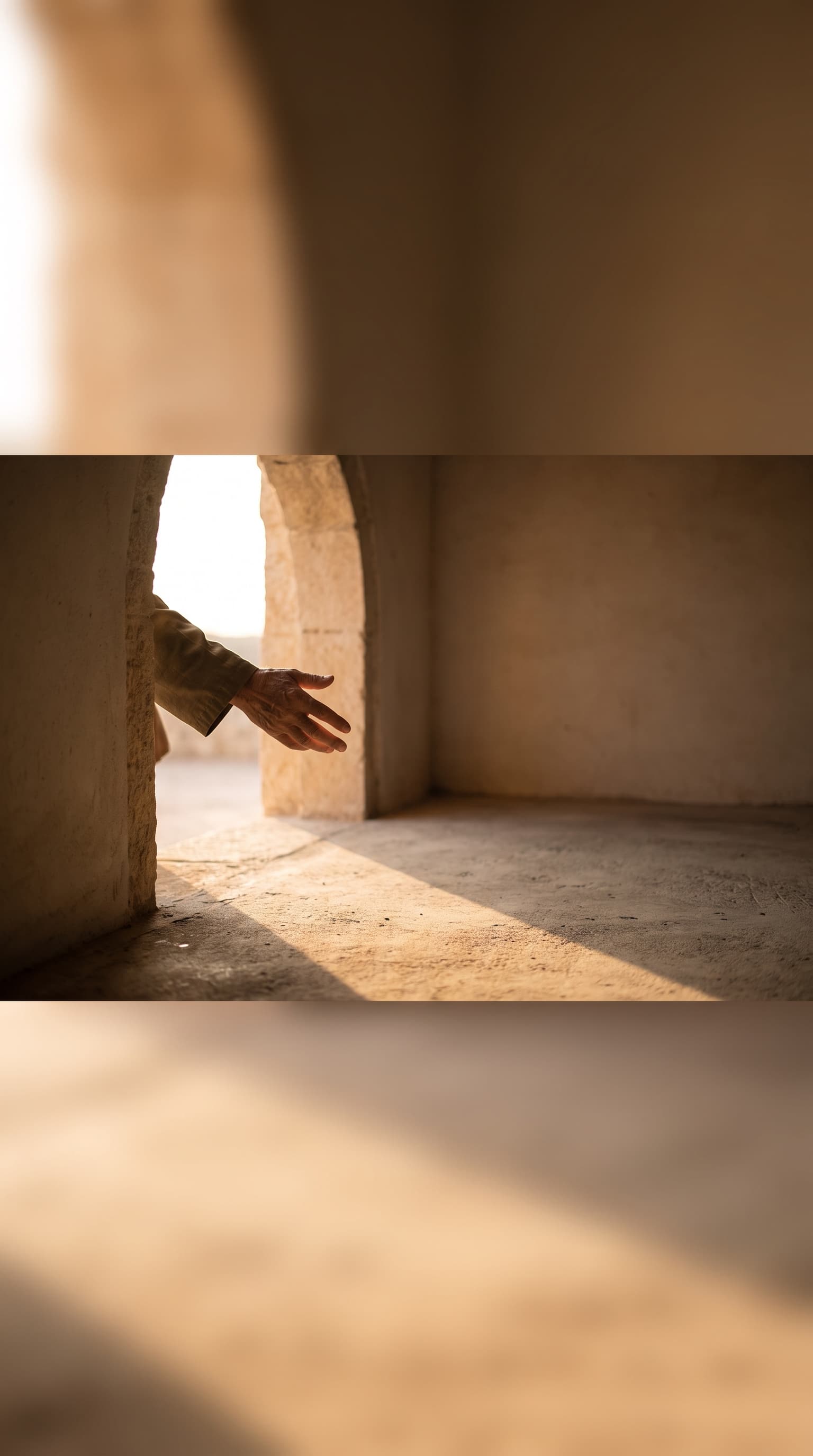 A hand reaching into a sunlit doorway with warm light across a concrete floor
