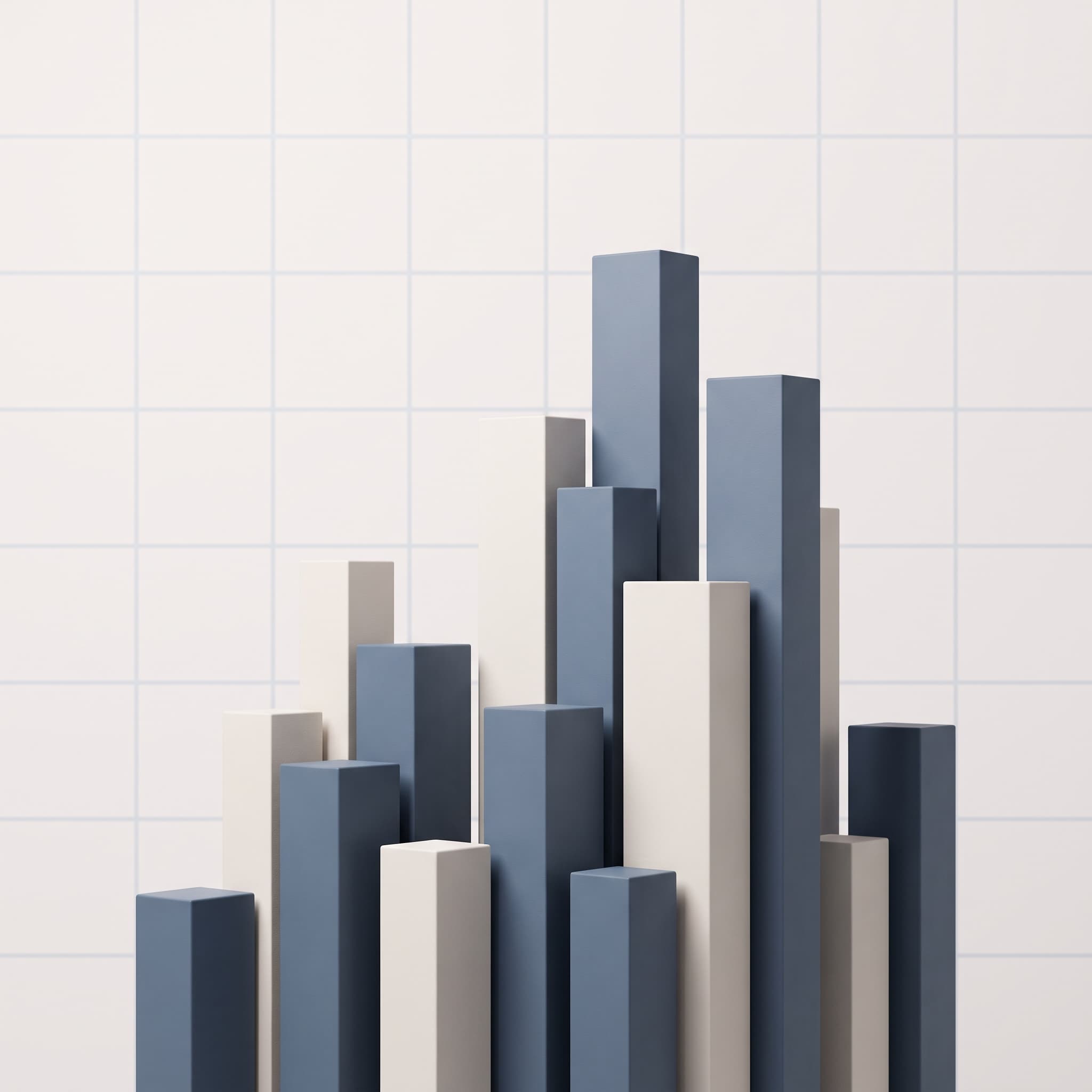 An abstract composition of clean geometric bars rising across a pale grid