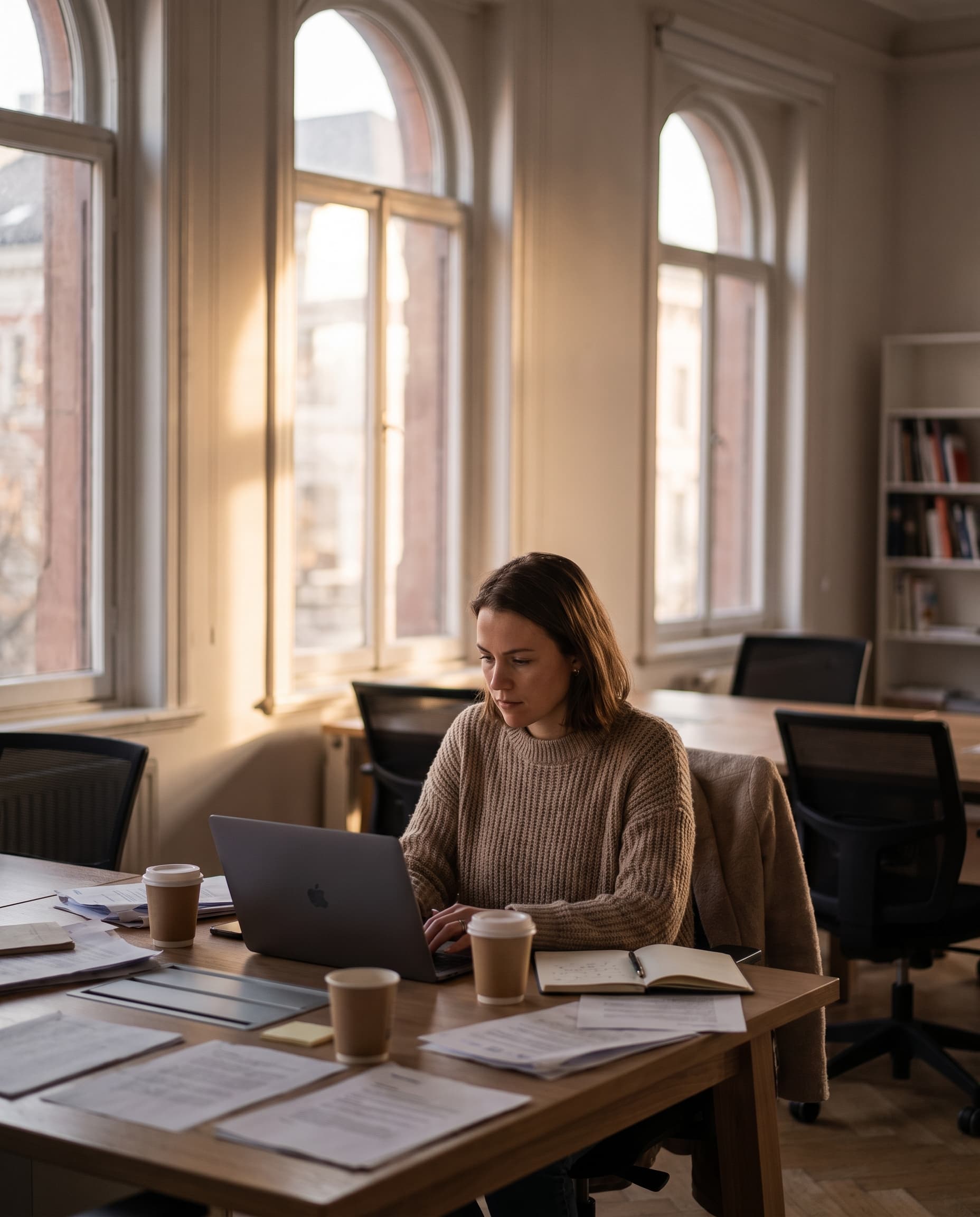 A founder working alone in a quiet early-morning office with warm light through tall windows