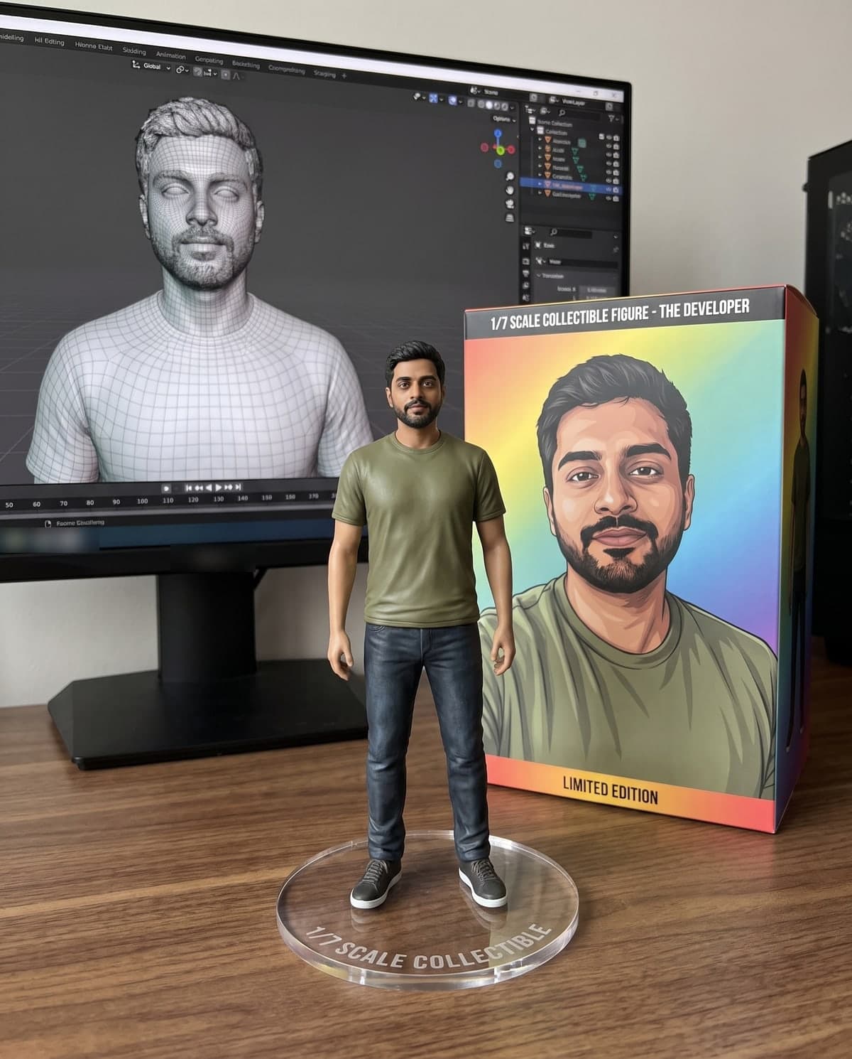 AI collectible figurine of a man on an acrylic base next to its toy box and a 3D modelling screen