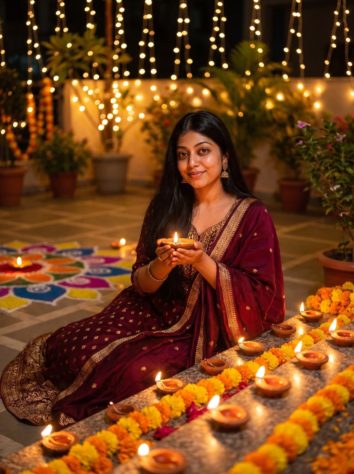 AI Diwali portrait of a woman holding a lit diya in front of marigold garlands and string lights
