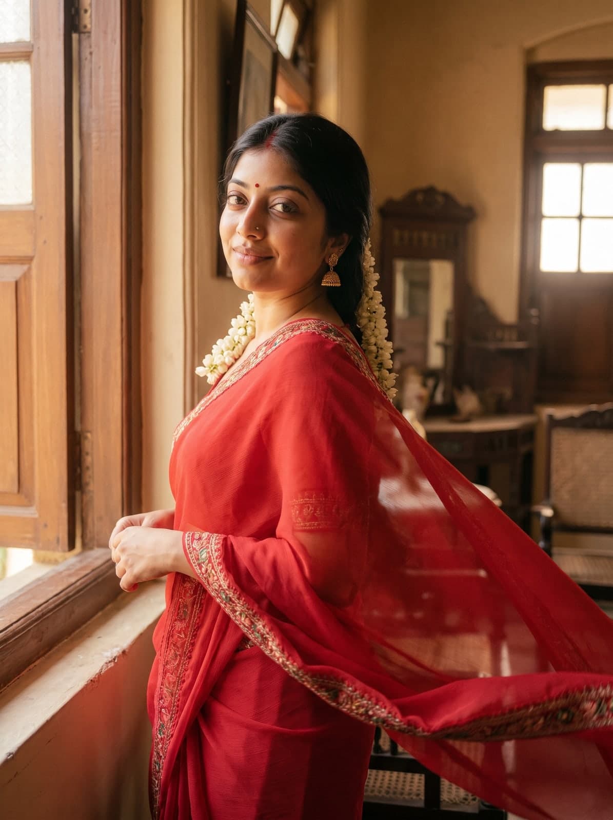 AI retro Bollywood saree portrait of a woman in a red chiffon saree with jasmine flowers in vintage film light