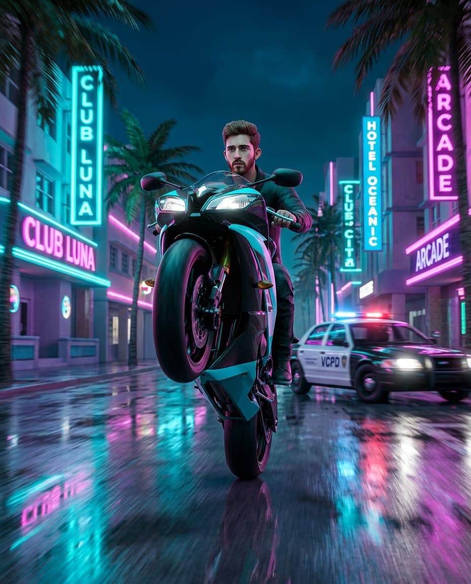 Neon Wheelie — GTA 6 style AI photo example