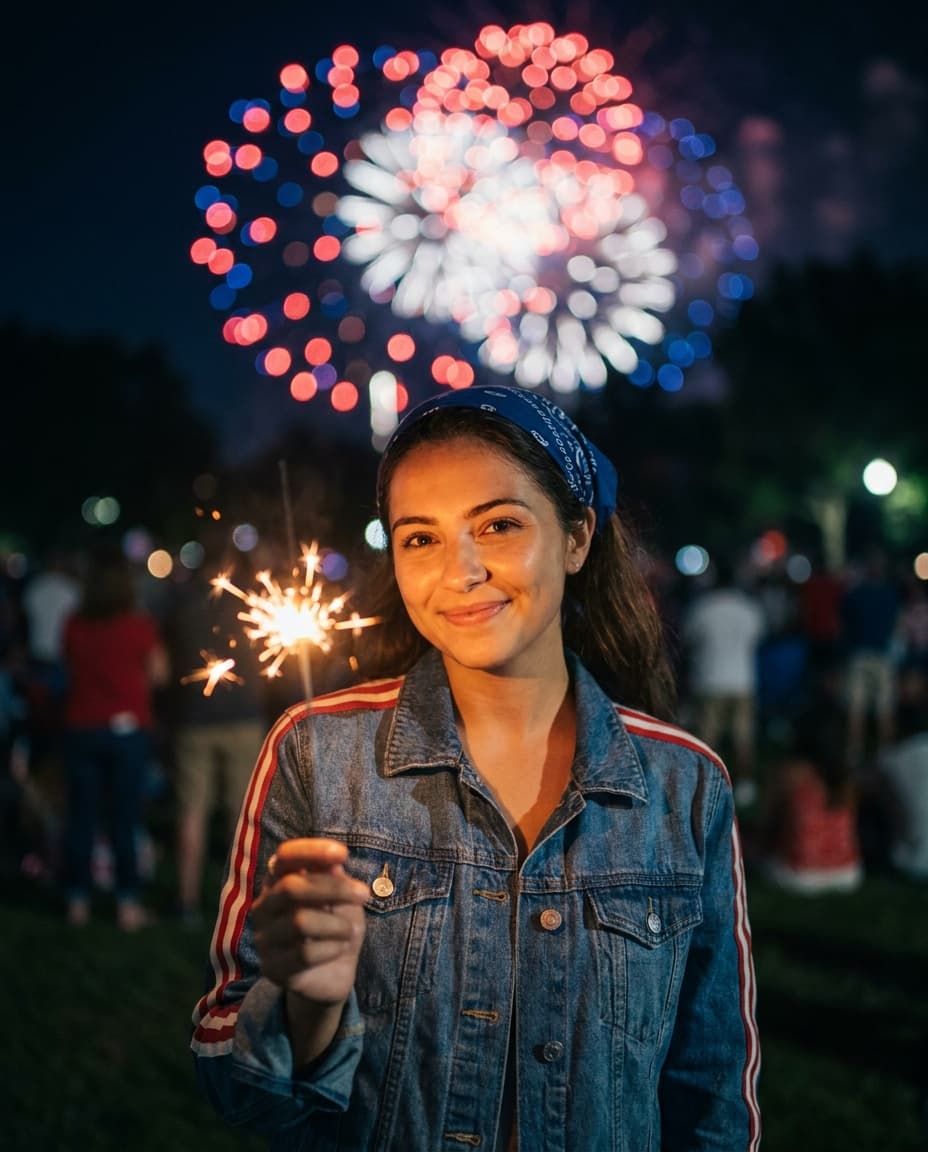 AI-generated night portrait of a woman holding a sparkler with fireworks bokeh