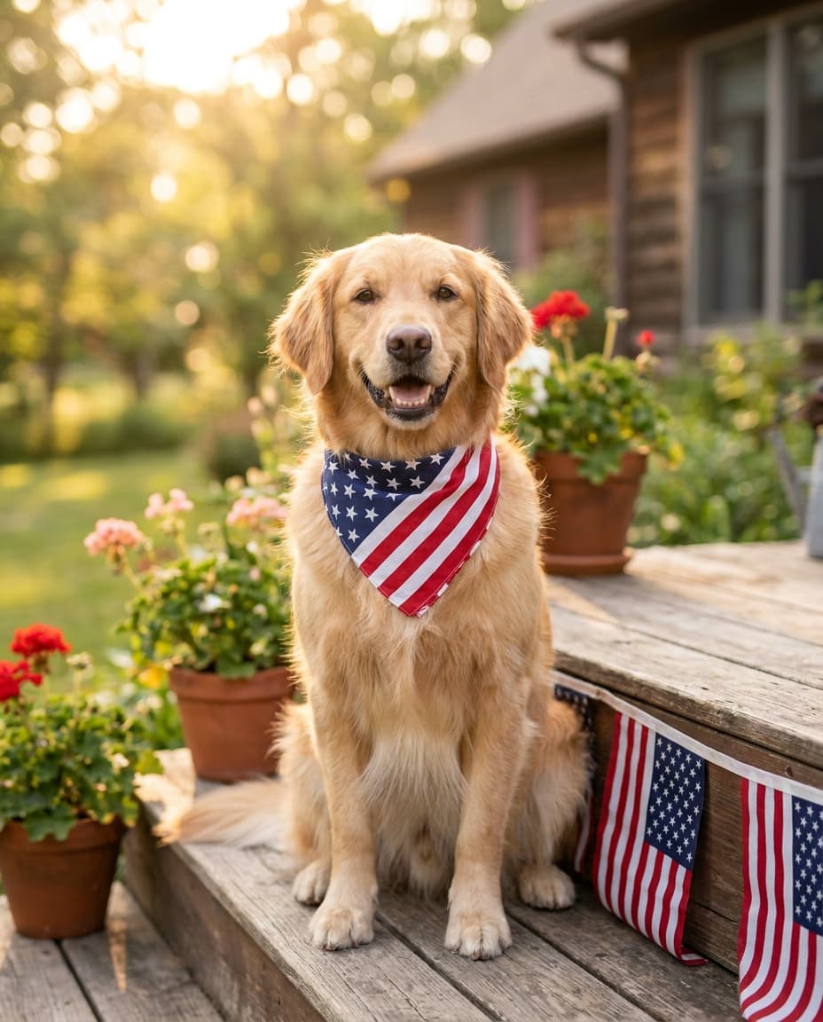 AI-generated golden retriever in a patriotic bandana on a porch