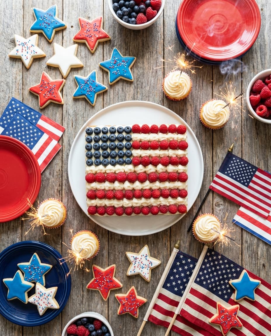 AI-generated July 4th dessert table with flag cake and star cookies