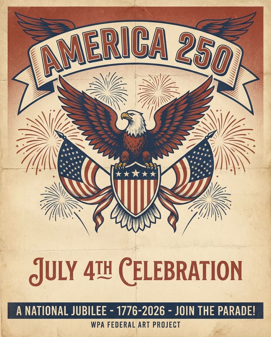 AI-generated vintage America 250 July 4th celebration poster with eagle