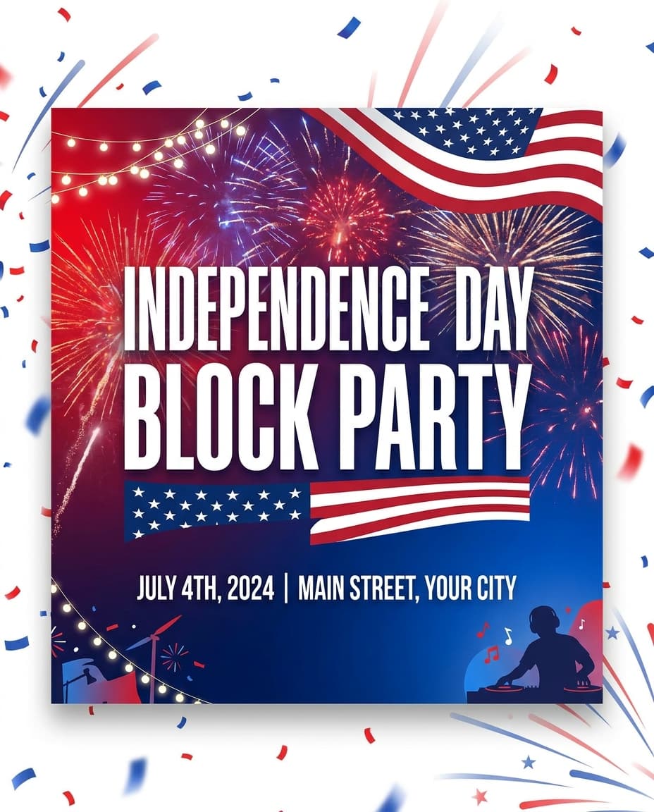 AI-generated Independence Day block party event flyer