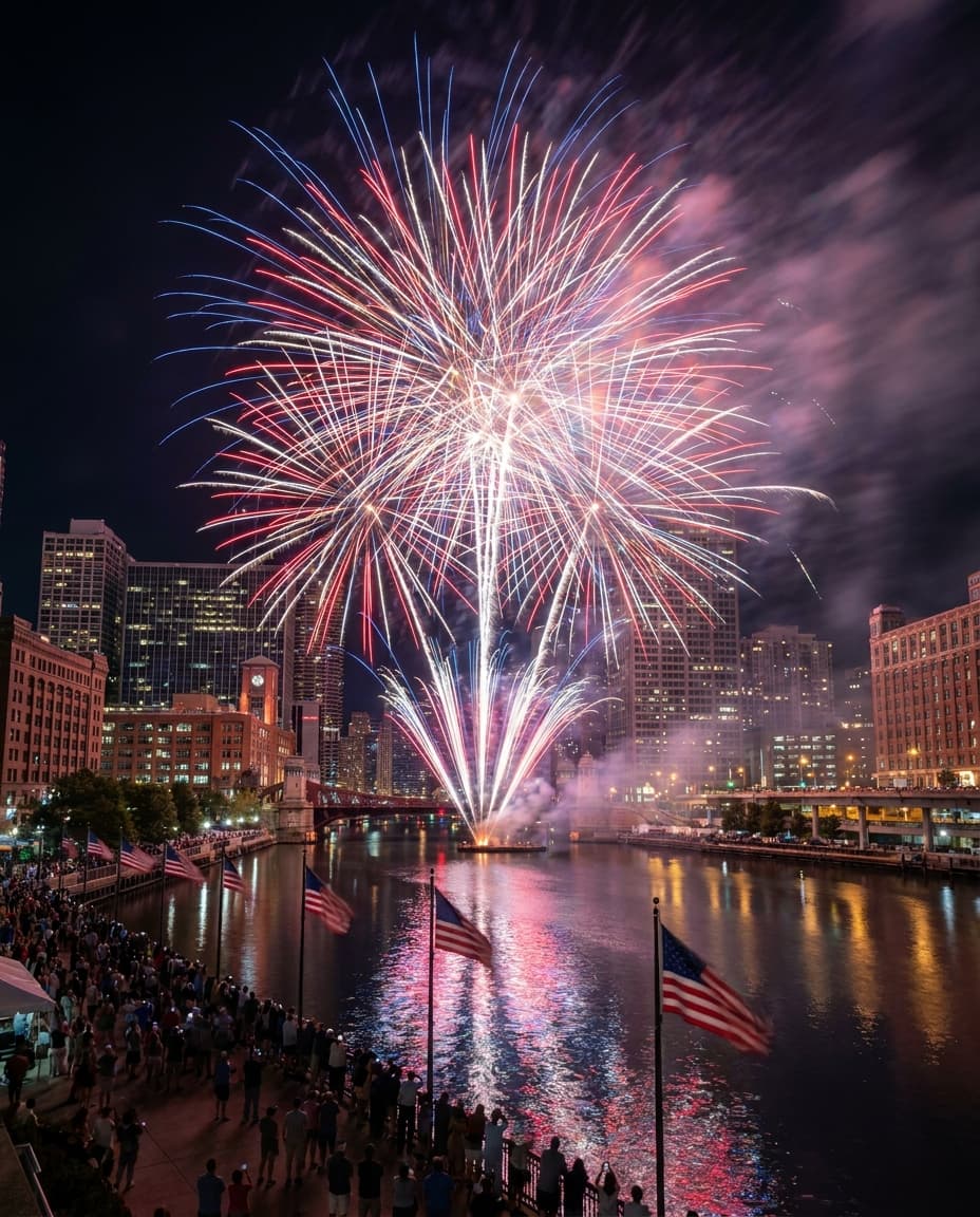AI-generated July 4th fireworks over a city skyline reflecting on a river