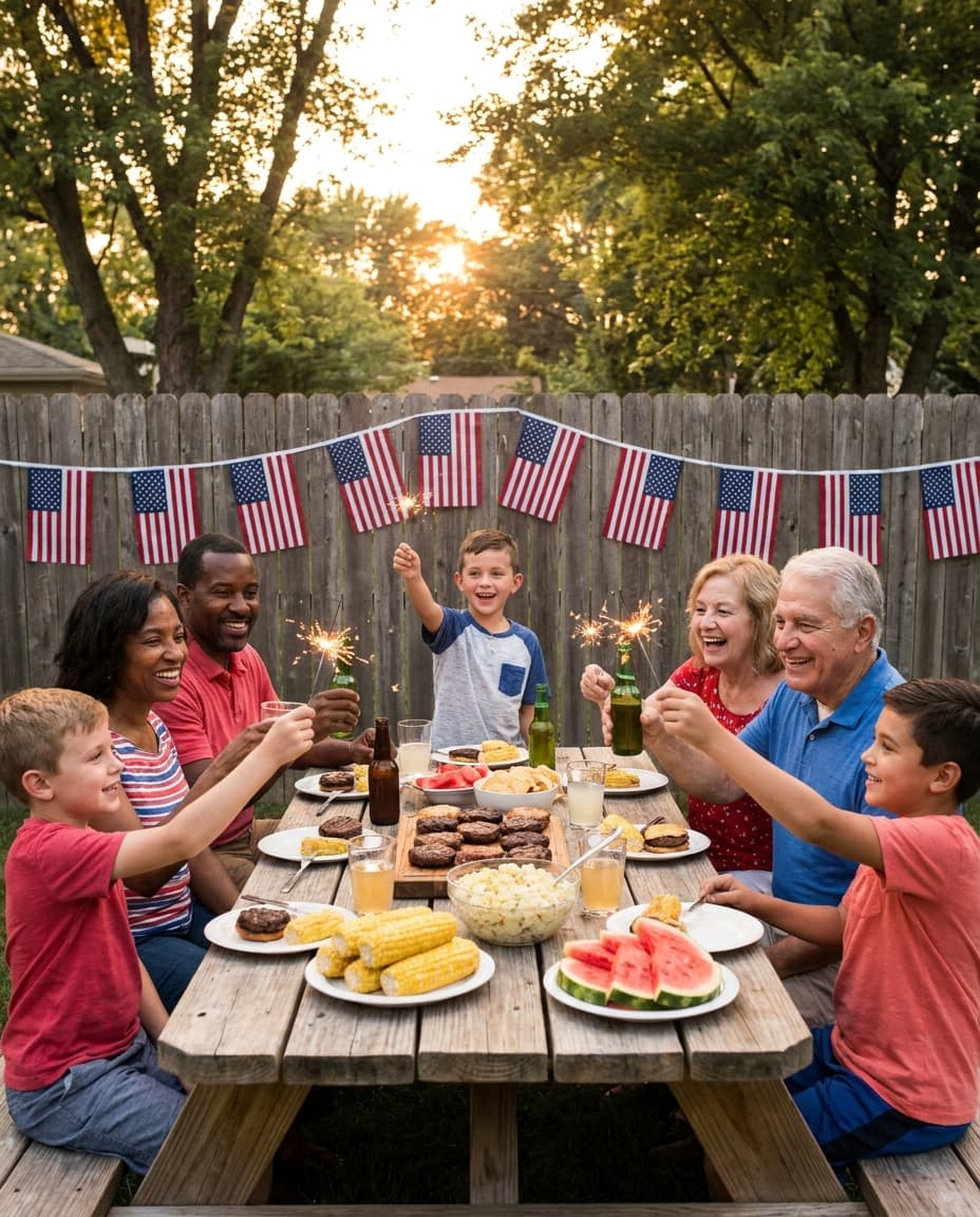 AI-generated family July 4th backyard barbecue with sparklers and flag bunting