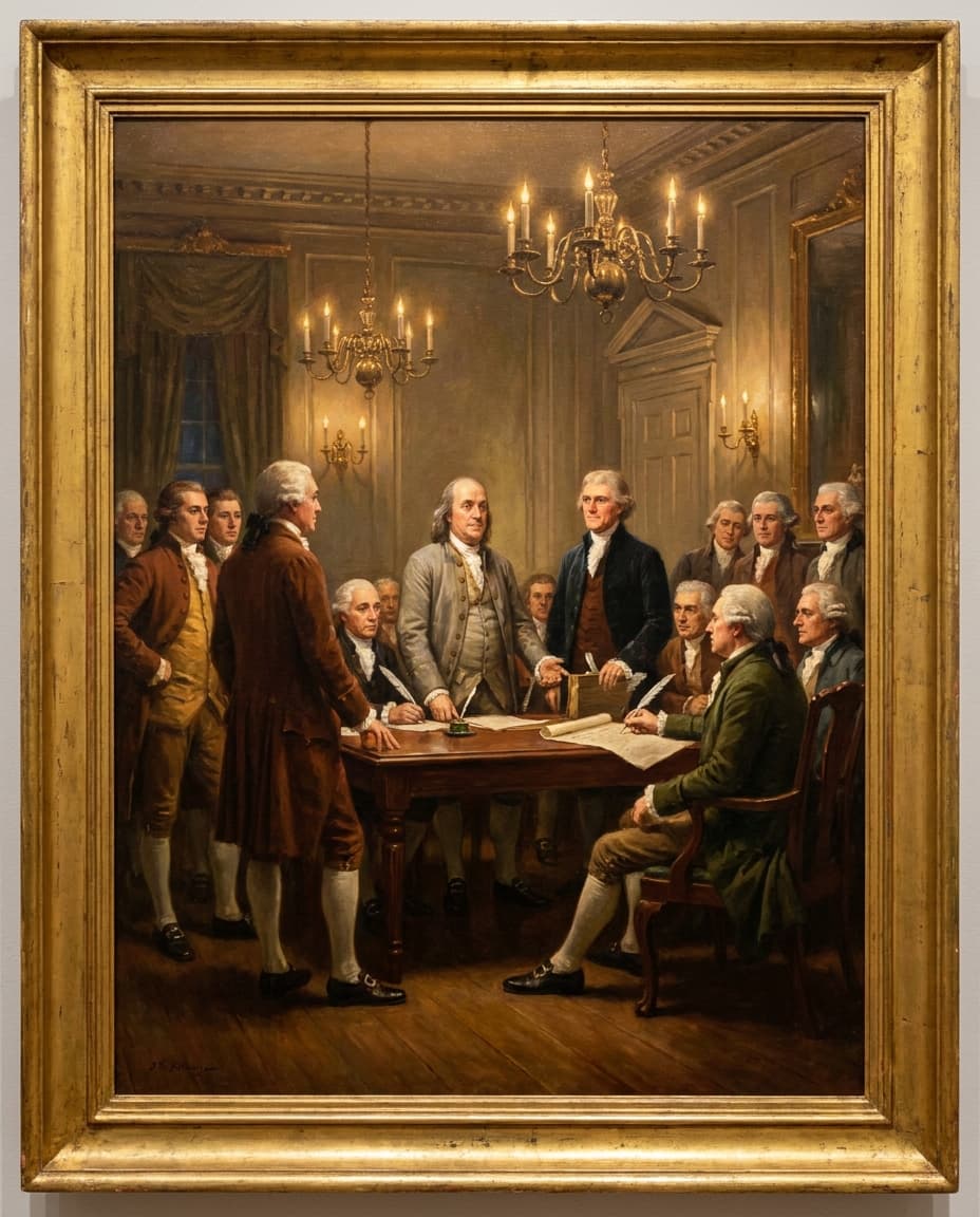 AI-generated classical oil painting of the Declaration of Independence signing